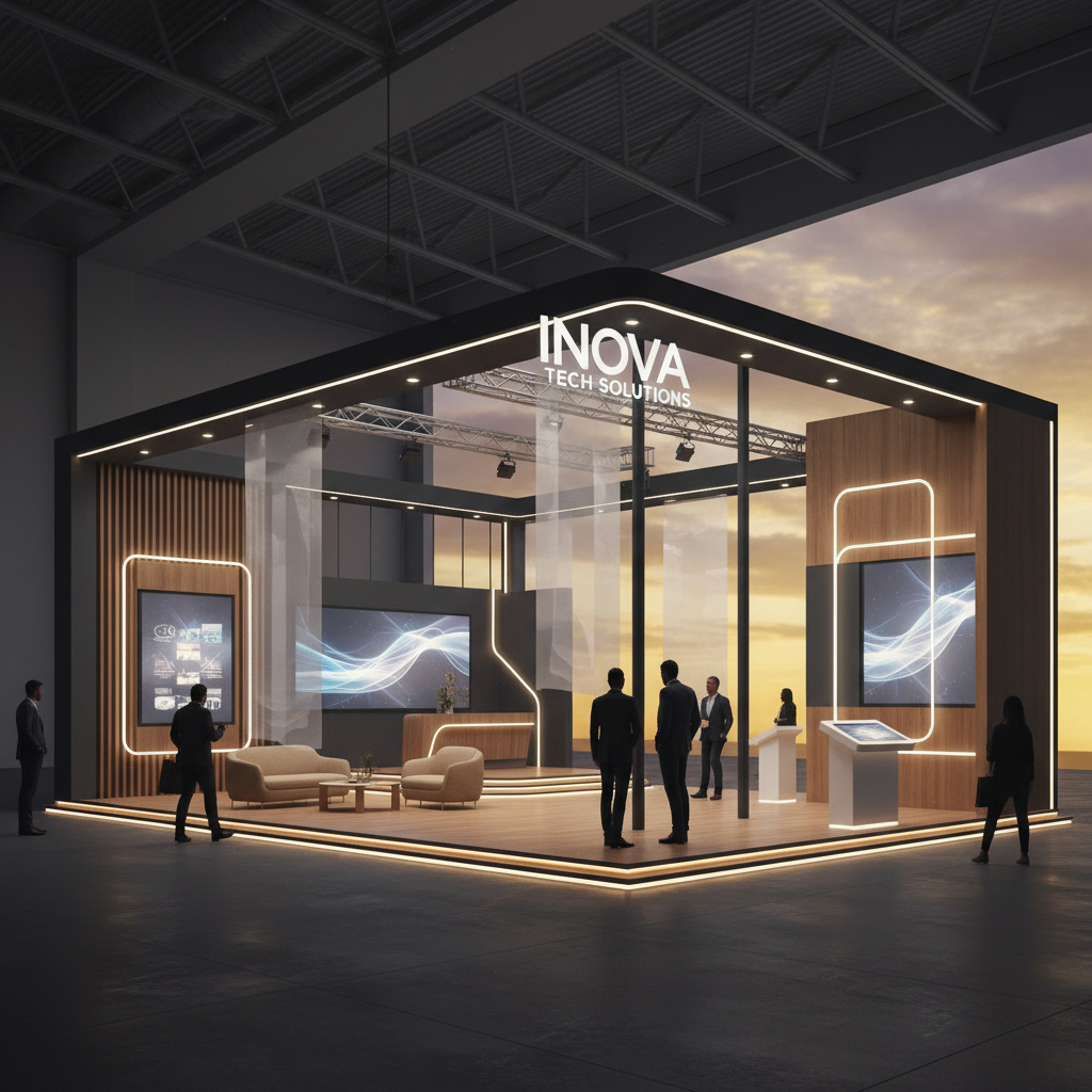 Geniş ve ferah bir fuar alanında yer alan, modern mimariye sahip, dikkat çekici ve davetkar bir fuar standı. Standın önünde merakla standa doğru ilerleyen ziyaretçi silüetleri. Standın genelinde sıcak, davetkar ışıklandırma ve özenle seçilmiş dekoratif unsurlar. Arka planda gün batımının yumuşak, altın sarısı ve mor tonları gökyüzünü kaplamış, sinematik bir atmosfer yaratıyor. Standın temiz çizgileri ve kaliteli malzemeler (örneğin ahşap ve metal kombinasyonu) profesyonel bir duruş sergiliyor. Derinlik hissi veren bir kamera açısı.