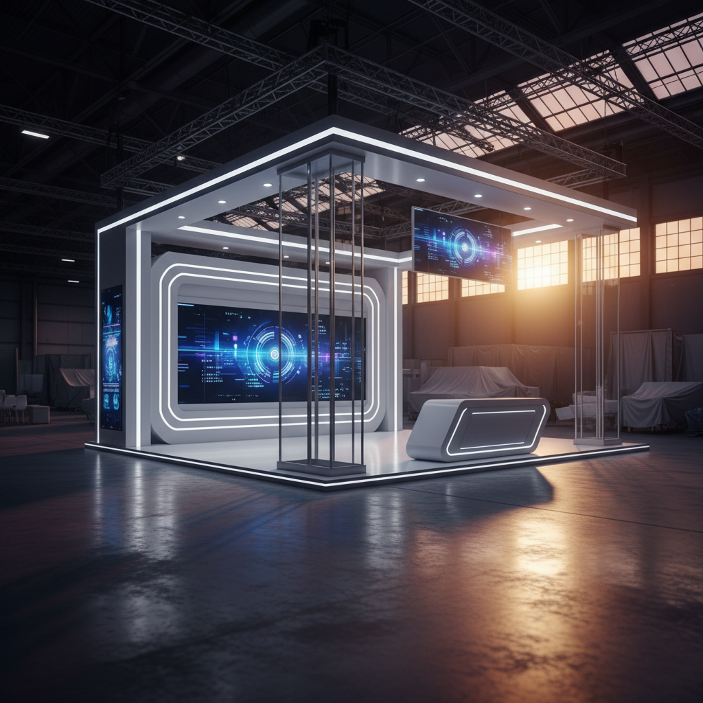 Büyük bir fuar alanında, henüz tamamen boş olan alanda parlayan, dikkat çekici, tamamlanmış bir fuar standının geniş açılı, sinematik bir görünümü. Gün batımının dramatik ışıkları, standın modern aydınlatmalarıyla birleşerek sahneyi aydınlatıyor. Stand, etkileyici bir mimariye sahip, geleceğe dönük ve teknolojik bir izlenim veriyor. Kurulum sonrası kusursuzluğunu ve fuarın açılışına hazır olduğunu vurgulayan bir atmosfer. Uzun ve derin gölgeler, standın boyutunu ve etkileyiciliğini artırıyor.