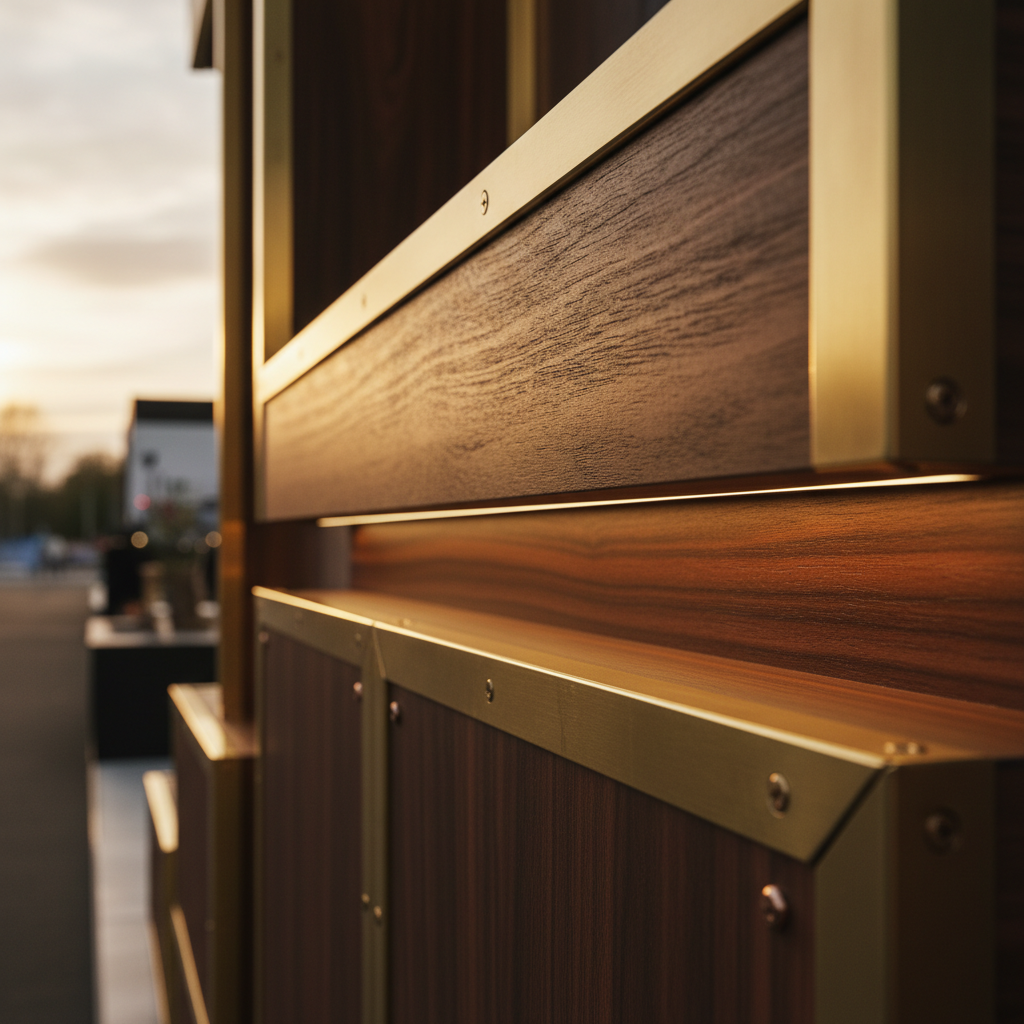 Bir fuar standının karmaşık detaylarını ve kaliteli malzemelerini vurgulayan yakın çekim, sinematik bir fotoğraf. Sahne, zengin, koyu ahşap dokusunu, parlayan metal vurgularını ve belki de ince, entegre bir LED şerit ışığını (ekran değil, sadece ışık) öne çıkaran dramatik, alçak açılı gün batımı ışığıyla aydınlatılmış. Kompozisyon, işçiliğe, kusursuz birleşim yerlerine ve premium yüzeye odaklanarak dayanıklılık ve üst düzey üretimi yansıtıyor. Arka plan yumuşakça bulanıklaştırılmış, odak tamamen malzeme kalitesi ve tasarım uygulaması üzerinde tutulmuş. Metin veya logo görünmüyor.