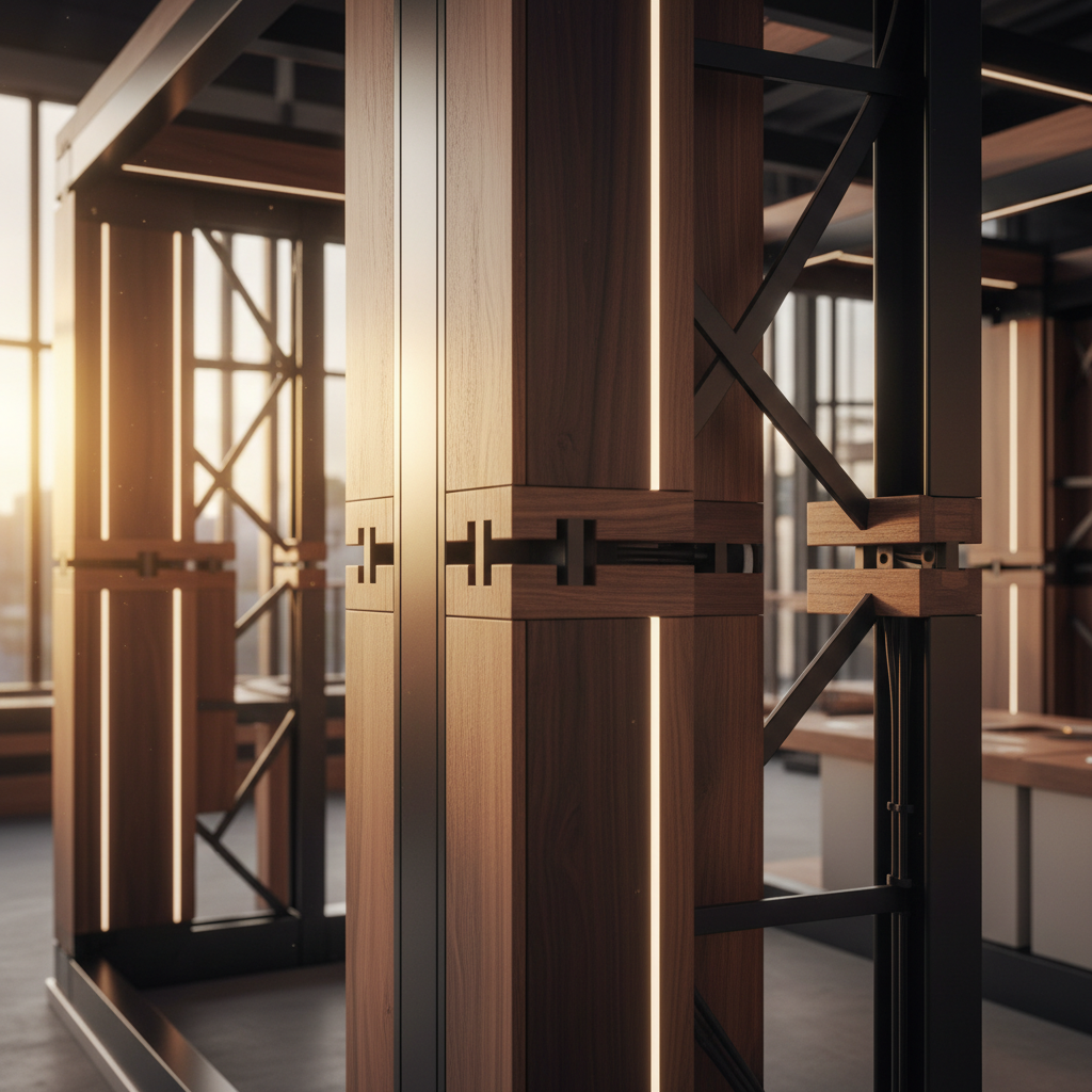 Yüksek kaliteli ahşap ve metalden yapılmış, detayları özenle işlenmiş bir fuar standının iç yapısını gösteren, artistik ve sinematik bir çekim. Standın modüler veya özel üretim olduğu hissini veren, malzeme dokularına odaklanmış bir görüntü. Gün batımının yumuşak, yan ışıkları, ahşabın damarlarını ve metalin parlaklığını vurguluyor. Görselde karmaşık ama estetik bir mühendislik ve tasarım hissi var, üretim kalitesini ve malzeme seçiminin önemini vurguluyor. Hiçbir insan figürü yok, sadece standın kendisi ve detayları.