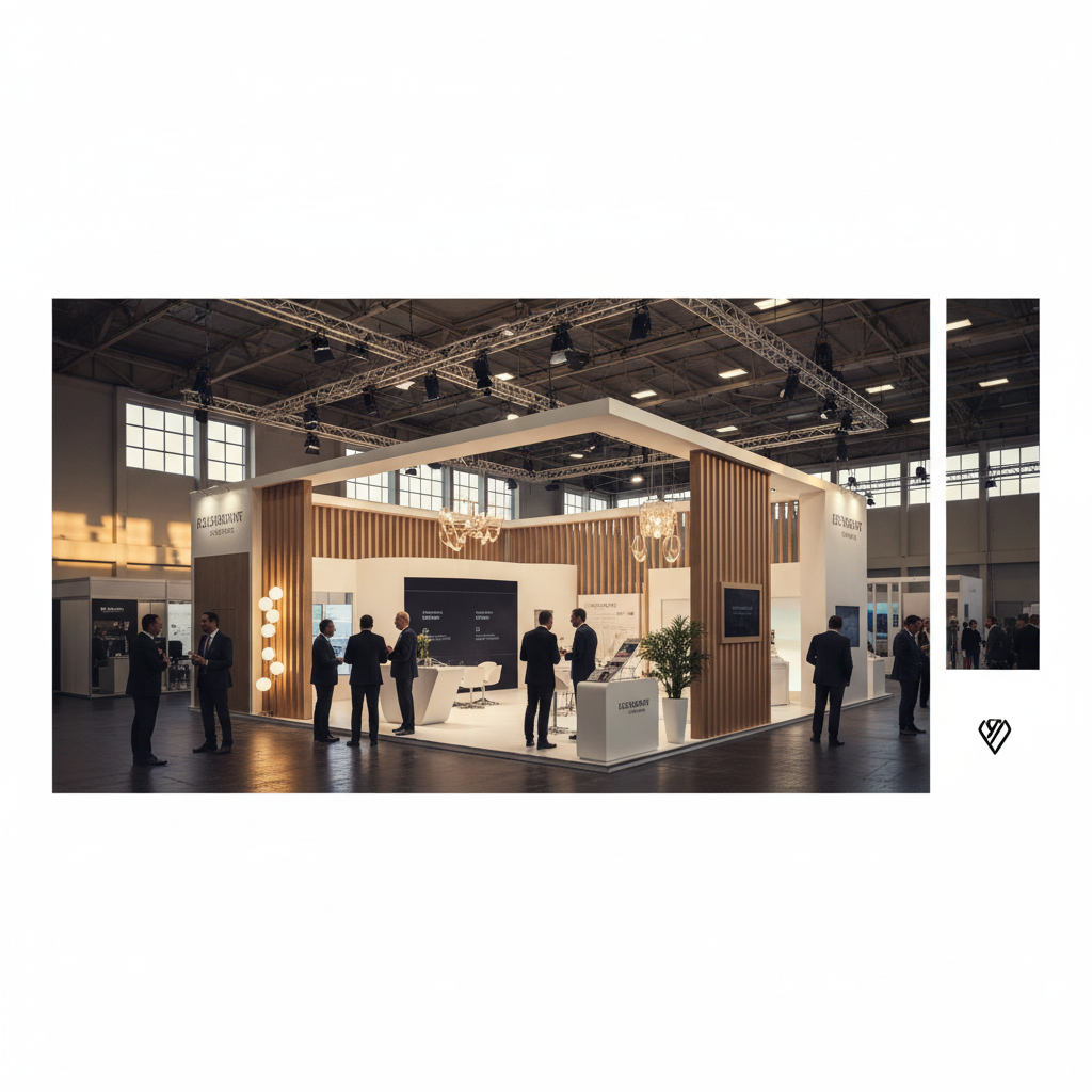 Geniş bir fuar alanında yer alan, modern ve sofistike mimariye sahip, çarpıcı bir özel tasarım fuar standı. Standın yüksek tavanları ve açık alanları, gün batımının yumuşak, altın rengi ışıklarıyla aydınlanıyor, uzun ve dramatik gölgeler oluşturuyor. Standın içindeki şık aydınlatmalar, markanın gücünü ve yenilikçiliğini yansıtan detayları vurguluyor. Etkileşim halinde olan, resmi giyimli profesyonellerin siluetleri standın ihtişamını pekiştiriyor, ancak odak noktası standın kendisi ve atmosferi. Fotoğrafın genel havası sinematik ve ilham verici, herhangi bir yazı veya logo içermiyor.