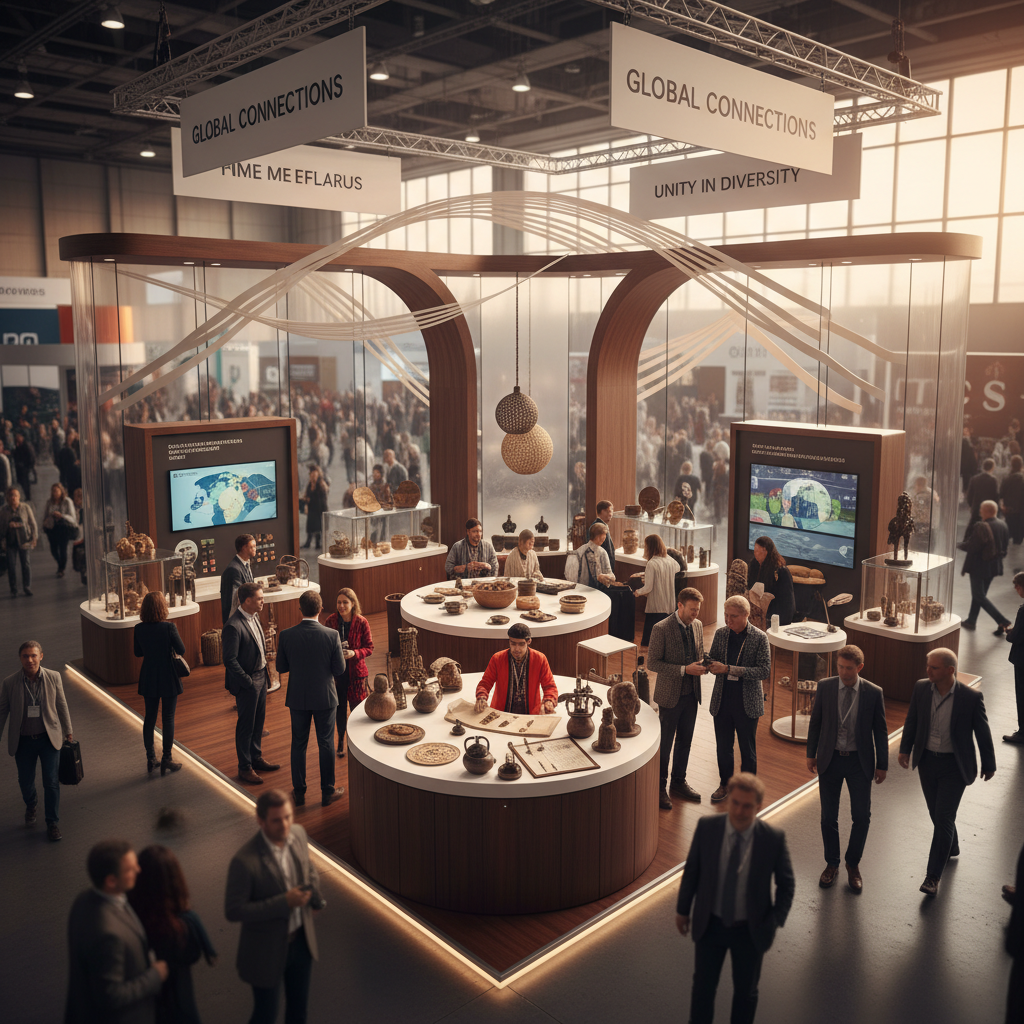 Gün batımının yumuşak tonlarıyla yıkanmış, canlı bir fuar salonunda yer alan, farklı kültürlerin estetiğini harmanlayan, etkileşimli bir fuar standı. Standın ahşap ve cam unsurları, sıcak bir karşılama atmosferi yaratırken, ziyaretçilerle stand görevlileri arasında samimi diyaloglar yaşanıyor. Dinamik ve zarif çizgilere sahip stand, çevresindeki kalabalıkla bütünleşirken, kültürel çeşitliliği kutlayan bir tasarım dili sunuyor. Sinematik, derinlikli bir çekim.