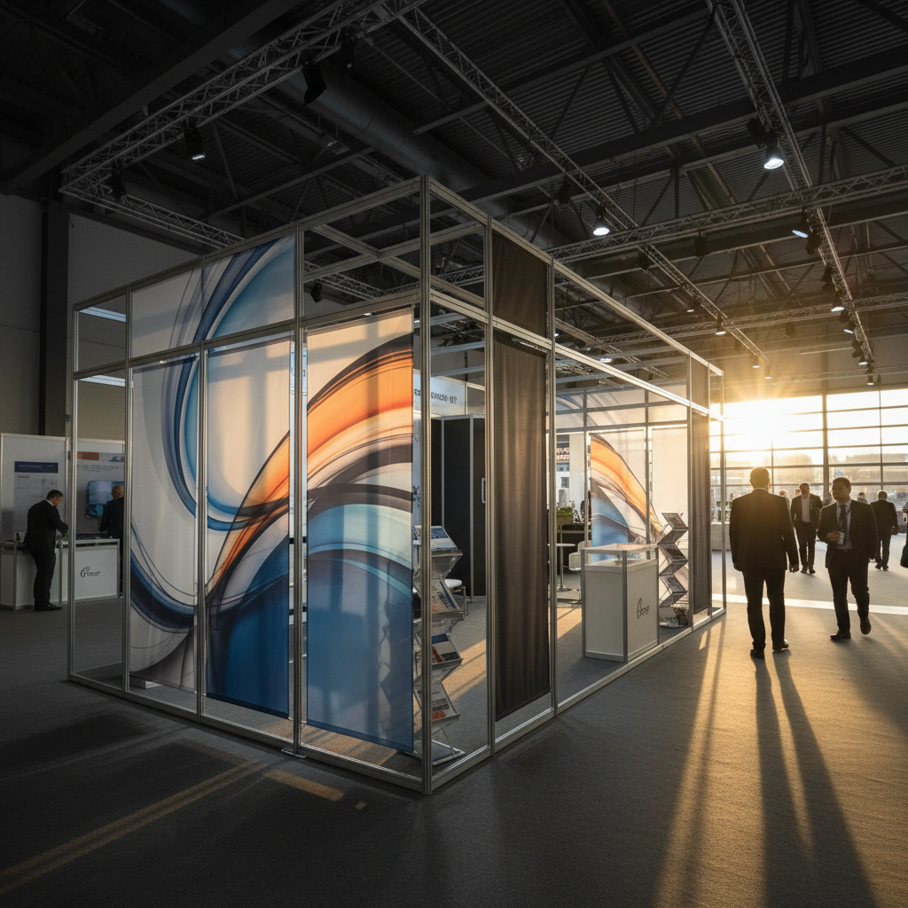 Geniş ve ferah bir fuar salonunda, gün batımının sıcak, altın rengi ışıklarıyla aydınlanmış, modern ve şık bir modüler fuar standı. Stand, zarif alüminyum profilleri ve yüksek çözünürlüklü gergi kumaş panelleriyle dikkat çekiyor, dinamik ve esnek tasarımını vurguluyor. Uzakta, silüetler halinde görünen birkaç profesyonel ziyaretçi standa doğru ilerliyor veya etrafında dolaşıyor, standın cazibesini ve işlevselliğini yansıtıyor. Sinematik geniş açı çekim, altın saat etkisi, derinlik ve kompozisyon, kurumsal estetik, temiz hatlar, resmi bir atmosfer.