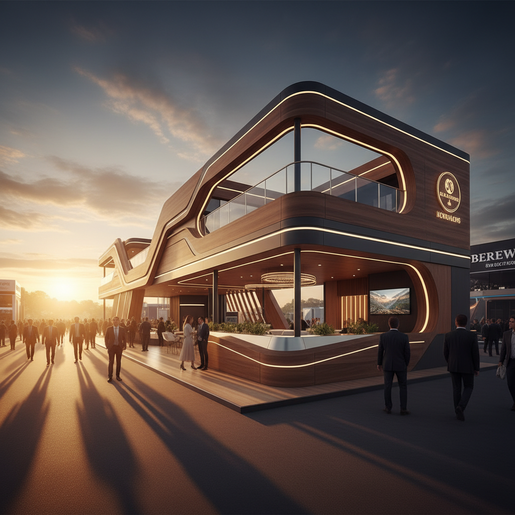 Güneşin batmakta olduğu bir ufuk çizgisi boyunca uzanan, modern ve gösterişli bir fuar alanında, dikkat çekici mimarisiyle öne çıkan, çok katlı ve akıcı tasarıma sahip özel yapım bir fuar standı. Stand, cilalı ahşap yüzeyler, metalik detaylar ve gizli LED aydınlatmalarla donatılmış. Standın etrafında, genel bir hareketlilik içinde, yüzleri belli olmayan, resmi giyimli ziyaretçiler standı hayranlıkla izliyor. Sıcak ve davetkar bir atmosfer yaratan altın rengi gün batımı ışıkları, standın her köşesini aydınlatıyor. Geniş açılı, sinematik bir çekim, standın büyüklüğünü ve potansiyelini vurguluyor.