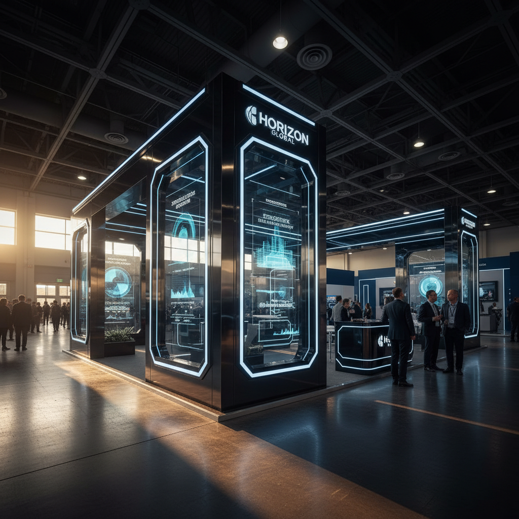 Fuar alanının kapanış saatlerine yakın, stratejik önemi ve profesyonelliği vurgulayan, geniş açılı sinematik bir fuar standı görüntüsü. Stand, fuar alanındaki diğer yapılardan belirgin bir şekilde ayrışıyor, geleceğe dönük başarı ve kurumsal güç hissi veriyor. Standın modern ve sofistike tasarımı, işlevselliği ve estetiği bir araya getiriyor. Gün batımının son dramatik ışıkları, standın üzerine vurarak uzun gölgeler ve parlak yansımalar oluşturuyor, mekana umut vadeden ve kararlı bir atmosfer katıyor. Genel fuar kalabalığı azalmış olsa da, standın etkileyiciliği ve akılda kalıcılığı ön planda duruyor. Güçlü bir kompozisyon ve keskin detaylar.