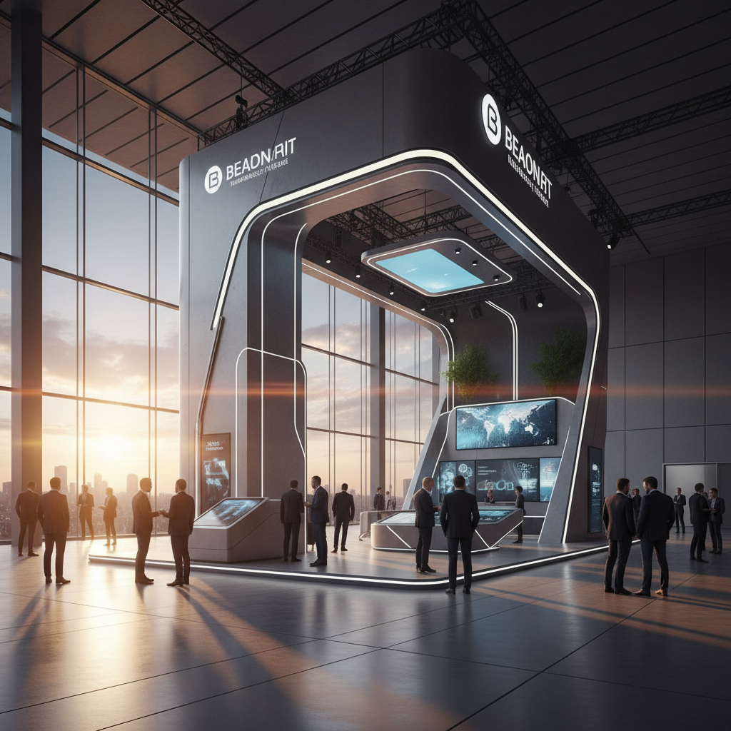 Geleceğin kongre salonunda, gün batımının sıcak altın ışıklarıyla aydınlanmış, modern ve çığır açan bir stand tasarımı. Yüksek tavanlı, geniş cam cepheli bir mekanda konumlanmış bu stand, akıllı aydınlatma sistemleri, entegre dijital yüzeyler ve sürdürülebilir, modüler malzemeler kullanılarak inşa edilmiş. Standın mimarisi, markanın yenilikçi ruhunu yansıtan dinamik çizgiler ve zarif formlarla öne çıkıyor. Ziyaretçiler, standın etrafında merakla dolaşırken, sinematik bir çekim açısıyla, mekana hakim olan huzurlu ve ilham verici atmosfer yakalanmış. Hafif bir lens parlaması ve uzun gölgelerle derinlik katılmış.