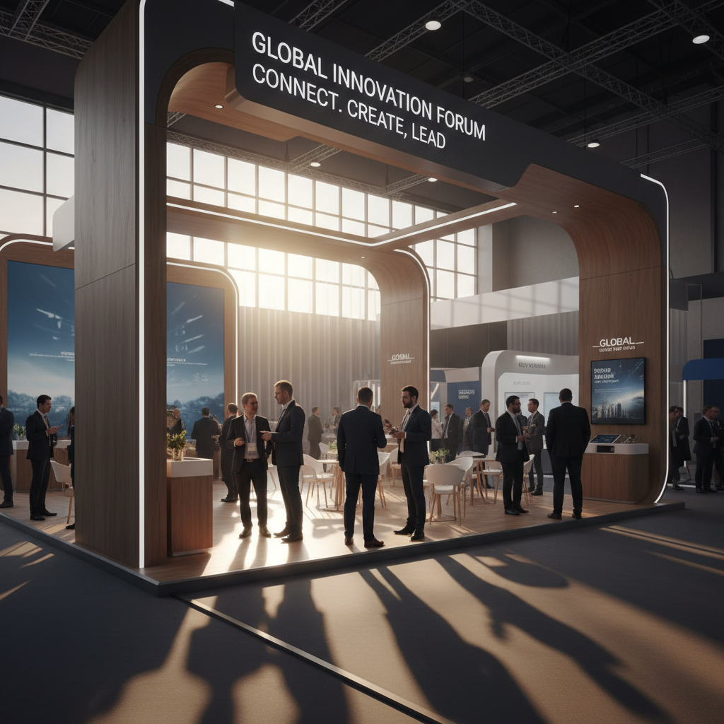 A wide, cinematic shot of a sophisticated, modern international exhibition stand, featuring elegant architectural lines and a sleek, minimalist design. The stand is bathed in the warm, golden light of a setting sun, casting dramatic shadows and highlighting its contemporary features. Silhouettes of a few diverse individuals are interacting near the stand, suggesting engagement without specific detail. The background subtly shows a glimpse of a busy, professional exhibition hall. The atmosphere is grand, inviting, and exudes global prestige.