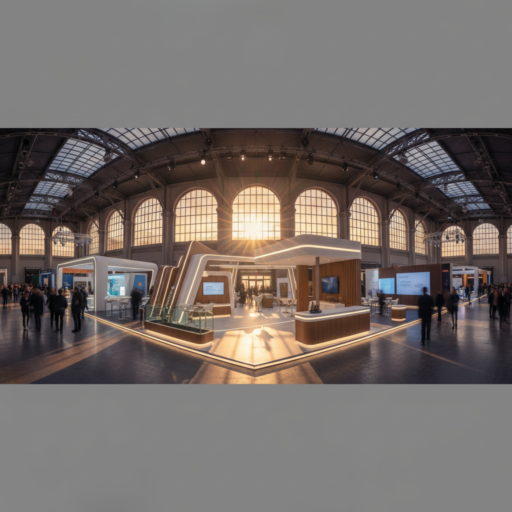 Geniş ve modern bir uluslararası fuar salonunun nefes kesen panoramik görünümü, alacakaranlıkta, görkemli gün batımının son ışınları yüksek tavanları ve zarif mimariyi aydınlatıyor. Ön planda, stratejik vizyonu ve titiz planlamayı simgeleyen, belirgin ve zarif tasarımlı bir ana fuar standı. Belirli bir markalama içermeyen stand, çok katlı yapılar ve yumuşak, davetkar aydınlatma ile sofistike bir estetik sergiliyor. Çevrede, ziyaretçilerin bulanıklaşmış hareketleri ve hafifçe aydınlatılmış diğer standlar, canlı, global bir pazar yerinin kapanışını veya akşam etkinliğine hazırlığını hissettiriyor. Başarı, ihtişam ve gelecekteki başarının sessiz vaadi atmosferi hakim. Yüksek açı veya geniş açı çekim, sinematik kalite, uzun gölgeler, gün batımından dramatik aydınlatma. Salonun mimari güzelliği ve ana standın stratejik yerleşimi/tasarımı vurgulanmış. Ölçek ve global bağlam ön planda. Yazı, sayı veya logo içermesin. Resmi ve ilgi çekici bir tarza sahip.