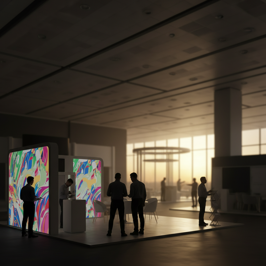 Modern bir kongre merkezinin geniş salonunda, gün batımının altın rengi ve sinematik ışıkları altında, profesyonel bir ekibin hızla monte ettiği şık ve modüler bir 'pop-up' fuar standı. Stand, soyut, canlı renklerde desenlere sahip olup herhangi bir yazı veya logo içermemektedir. Kurulum yapan ekip üyeleri siluet halinde veya yumuşak ışıkla aydınlatılmış, hızlı ve kolay montajın verimliliğini sergiliyor. Arka planda, hafifçe bulanıklaşmış, zarif tasarımlı diğer stantların silüetleri seçiliyor, etkinliğin hareketliliğini ve profesyonel atmosferini yansıtıyor. Bütünsel olarak sofistike ve ileriye dönük bir hava hakim.