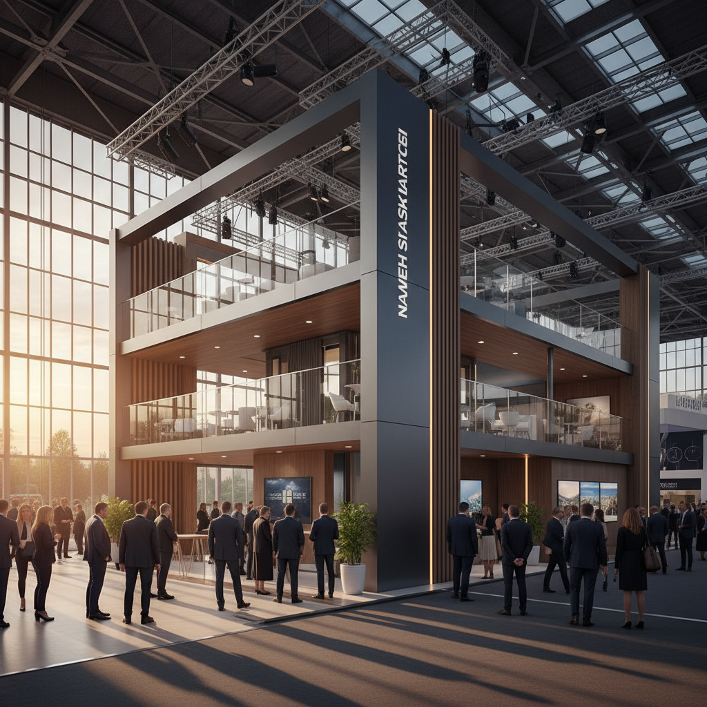 Geniş ve yüksek tavanlı bir fuar salonunda, diğer standların üzerinde yükselen, modern ve görkemli bir iki katlı stand. Standın mimarisi, cilalı metal detaylar, büyük cam paneller ve zarif ahşap unsurların birleşiminden oluşuyor, temiz çizgiler ve sofistike bir estetiğe sahip. Gün batımı ışıklarının büyük pencerelerden veya çatı pencerelerinden içeri süzülerek standın üzerine düşmesi, uzun gölgeler oluşturması ve dramatik, sinematik bir atmosfer yaratması. Orta kalabalıkta, şık giyimli ziyaretçiler standa doğru bakıyor veya standın etrafında sessizce dolaşıyor, standın heybetini ve dikkat çekiciliğini vurguluyor. Renk paleti, sıcak altın sarısı, derin turuncular ve standın yapısından gelen hafif gri ve mavi tonları içeriyor.