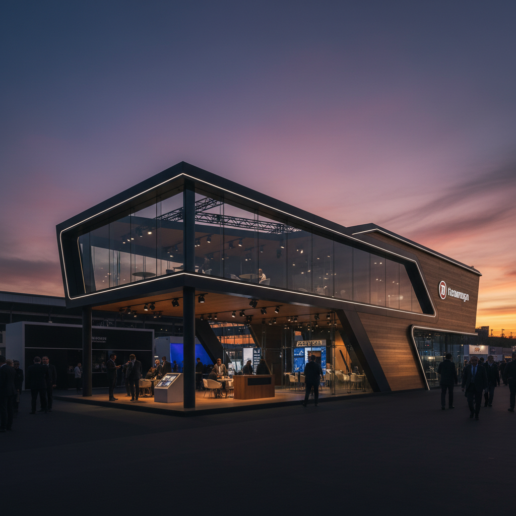Benzersiz, mimari açıdan çarpıcı bir iki katlı fuar standının dış çekimi, yenilikçi yapısını ve premium malzemelerini vurguluyor. Hafif yüksek bir göz hizasından çekilmiş bir kare, standın karmaşık detaylarını ve etkileyici genel ölçeğini ortaya koyuyor. Arka planda canlı renklerde (turuncu, mor, derin mavi) dramatik bir gün batımı gökyüzü yer alıyor. Standın kendisi, entegre, yumuşak mimari aydınlatmalarla güzelce aydınlatılmış, alacakaranlık gökyüzüyle sinematik ve yüksek kontrastlı bir tezat oluşturuyor. Stand, muhtemelen konsolize edilmiş elemanlar veya dinamik açılar içeren cesur, heykelsi bir forma sahip. Koyu metal çerçeveler, büyük, yansıtıcı cam yüzeyler ve sıcak, dokulu ahşap panellerin birleşimi kullanılıyor. Standın etrafında seyrek ve zarif bir kalabalık hareketliliği var, standın ölçeğini vurguluyor ancak mimariden dikkati dağıtmıyor. Renk paleti, derin akşam mavileri, gün batımı turuncuları ve morları, metalik parlaklıklar ve sıcak ahşap tonlarını içeriyor.