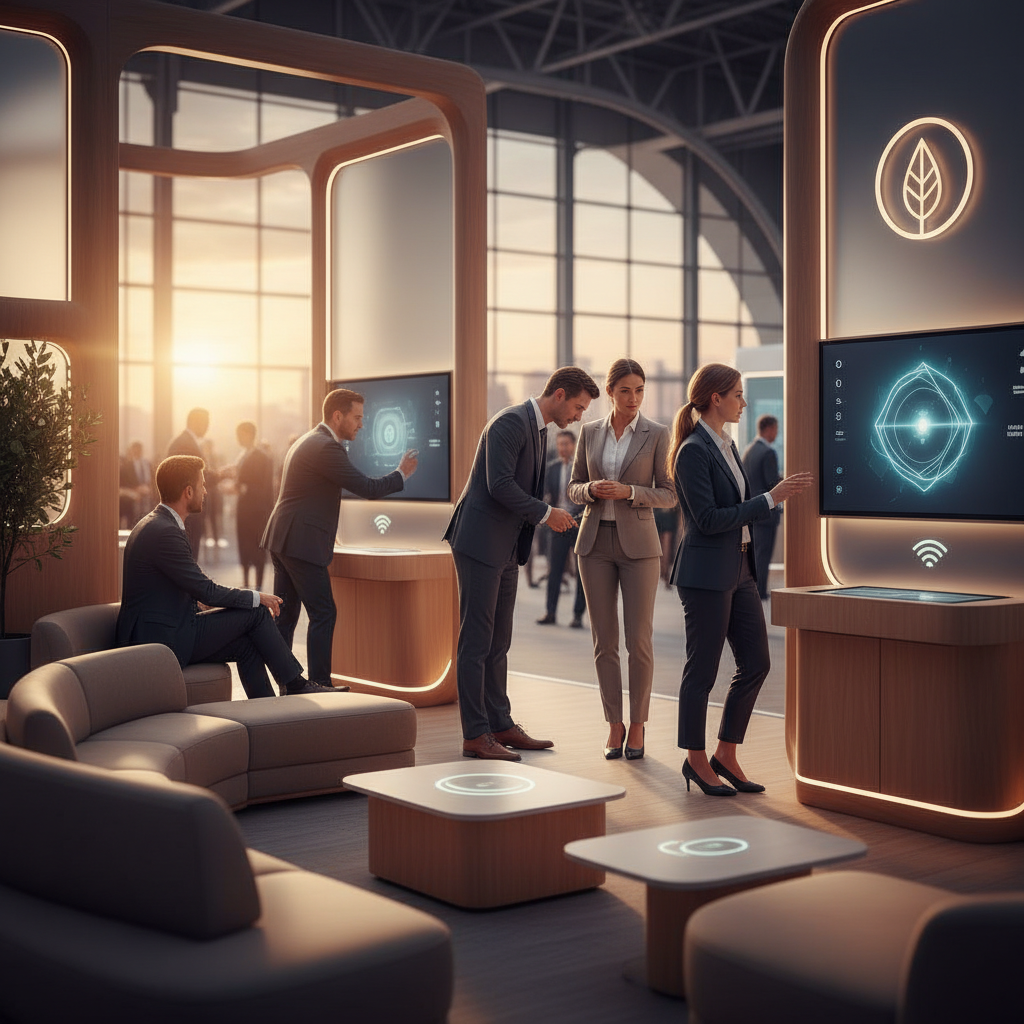 Sinematik bir gün batımı sırasında, davetkar sıcak ışıklarla doğal altın saat parıltısının birleştiği, güzel tasarlanmış, işlevsel bir fuar standı. Standda ergonomik oturma alanları, soyut desenler ve akıcı animasyonlar (yazısız) gösteren etkileşimli dokunmatik ekranlar ve göze çarpmayan şarj istasyonları bulunuyor. İş kıyafetleri içindeki profesyoneller dinamik pozlarda, interaktif unsurlarla derinlemesine ilgileniyor ve küçük gruplar halinde sohbet ediyor. Stand, konforu ve düşünceli tasarımı vurgulayarak premium bir marka deneyimini yansıtıyor. Arka plan, yumuşak, sinematik ışıkla yıkanmış modern bir fuar merkezinin bulanık mimari öğelerini içeriyor.