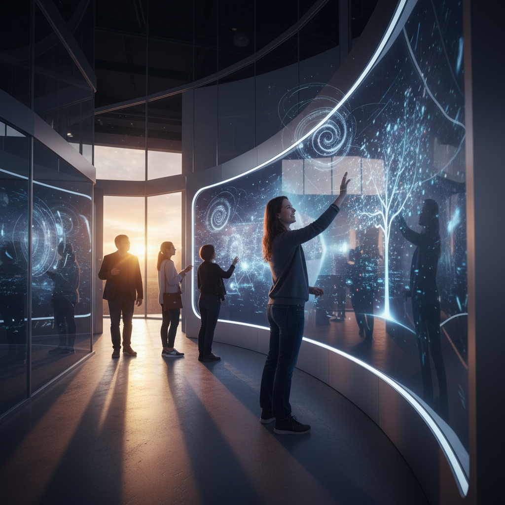 A close-up, cinematic perspective inside a cutting-edge exhibition booth, focusing on an immersive interactive experience. The scene highlights several visitors subtly engaging with large, sleek, integrated digital touchscreens and subtle holographic projections that display dynamic, abstract visuals related to innovation and technological progress. The primary lighting source is the soft, ambient glow emanating from the interactive screens, complemented by a warm, low-angle sunset light filtering gently into the booth, creating a futuristic yet exceptionally inviting ambiance. The booth's interior showcases minimalist design aesthetics with reflective surfaces and clean, angular lines, emphasizing technological sophistication and a seamless user experience. There are no logos, text, or specific products visible; the emphasis is purely on the advanced interactive elements and the engaged human interaction.