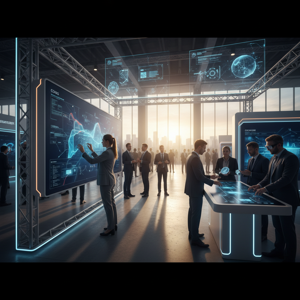 Güneş batarken, modern ve minimalist bir tasarıma sahip, son teknoloji interaktif bir fuar standının geniş, sinematik bir çekimi. Stantta, ziyaretçiler yaklaştıkça dinamik, soyut grafikler gösteren büyük dokunmatik ekranlar ve holografik projeksiyonlar entegre edilmiş. Şık giyimli, farklı milletlerden oluşan ziyaretçiler, standın çeşitli interaktif öğeleriyle aktif olarak etkileşim halindeler: bir kişi jest kontrollü bir arayüz kullanıyor, diğeri artırılmış gerçeklik deneyimine dalmış ve küçük bir grup, gömülü sensörlere sahip bir masanın etrafında toplanmış. Batan güneşin sıcak, altın rengi ışığı sahneyi aydınlatıyor, uzun, dramatik gölgeler ve sofistike, davetkar bir atmosfer yaratıyor. Genel ruh hali fütüristik, ilgi çekici ve profesyonel. Stantta, doğal ışığı tamamlayan, yapısına entegre edilmiş yumuşak LED aydınlatmalar bulunuyor. Arka planda, modern bir fuar salonunun silik mimari detayları görülüyor.