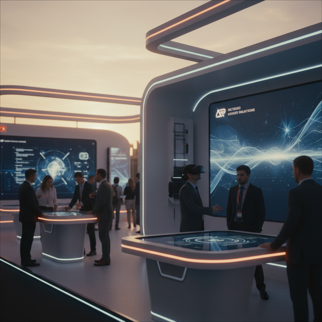 Simüle edilmiş gün batımının dramatik ve yumuşak ışıkları altında dinamik, interaktif bir kongre standı. Stand, şık ve büyük dijital ekranlara sahiptir; bu ekranlarda metin içermeyen soyut veri görselleştirmeleri veya animasyonlu marka içerikleri gösterilir. Standın belirli bir fütüristik bölgesinde, bir kişi VR başlığı takmış, sanal bir deneyime dalmış olarak görülür. Başka bir grup profesyonel, etkileşimli bir dokunmatik masa etrafında bir tartışmaya dalmış durumda, yüzleri hem ekranın ışığı hem de sıcak ortam ışığıyla hafifçe aydınlanıyor. Stand tasarımı akışkan, kavisli öğeler ve entegre ince aydınlatmalarla donatılmıştır. Sinematik alan derinliği, etkileşime odaklanarak arka planı hafifçe bulanıklaştırır, ilgi çekici ve teknolojik bir atmosfer sunar.