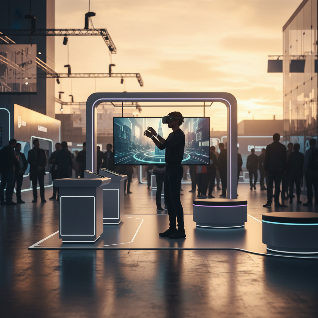 Modern bir fuar alanında, gün batımının sıcak, sinematik ışıkları altında, geleceğe dönük bir interaktif stand. Standın merkezinde, şık ve minimalist bir tasarıma sahip, pürüzsüz yüzeylere sahip bir VR deneyim alanı bulunuyor. Bir ziyaretçi, zarif bir VR gözlüğü takmış, sanal bir dünyayla yoğun bir şekilde etkileşim kurarken, figürü güçlü bir siluet oluşturuyor. Standın genelinde, zarif LED ışıklandırmalar yumuşak bir ambiyans yaratıyor. Arka planda, hafifçe bulanıklaşmış fuar kalabalığı ve diğer standların parlak yansımaları, genel atmosferi zenginleştiriyor. Resmi ve davetkar bir his uyandıran kompozisyon.