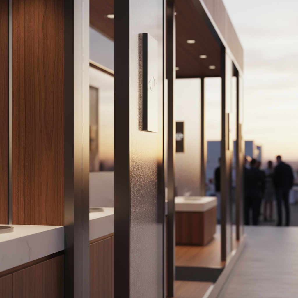 Premium bir fuar standının içinden, gün batımının yumuşak, sıcak ışıklarının dokunduğu, detay odaklı sinematik bir çekim. Cilalı ahşap paneller, fırçalanmış metal detaylar ve mat cam yüzeylerin mükemmel uyumu vurgulanıyor. Akıllı aydınlatma armatürleri, standın tasarım çizgilerini nazikçe aydınlatıyor. Uzakta, loşlaşan fuar kalabalığı bulanık bir siluet oluştururken, standın kaliteli malzemeleri ve işçiliği ön plana çıkıyor. Dokunsal bir his uyandıran yüzeyler, lüks ve incelik algısı yaratıyor.