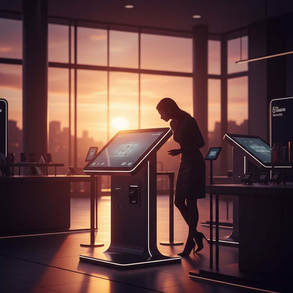 Batan güneşin sıcak turuncu ve mor tonlarıyla aydınlatılmış, modern bir AVM içinde etkileşimli bir kioskun yakın plan, sinematik bir portresi. Kiosk tasarımı, akıcı çizgiler ve yenilikçi malzemelerle hem estetik hem de fonksiyonelliği vurguluyor. Parlak bir dokunmatik ekranın (ekranda belirgin bir yazı veya UI olmadan, sadece ışık yayılımı şeklinde) hafif parıltısı, kioskun genel ambiyansına katkıda bulunuyor. Siluet halindeki bir müşteri, zarif bir şekilde kioskun interaktif yüzeyine doğru eğilmiş, dikkatle inceliyor. Kiosk çevresinde ürün sergileme alanları (soyut, genel formlarda) ve entegre ödeme noktaları (görünürde fiyat veya sayı olmadan, sadece şık bir donanım parçası olarak) bulunuyor. Gün batımının altın rengi ışınları, AVM'nin cam duvarlarından süzülerek kioskun yüzeyinde dramatik yansımalar yaratıyor. Derinlikli alan, düşük ışık fotoğrafçılığı, net ve keskin detaylar, kullanıcı odaklı bir atmosfer.