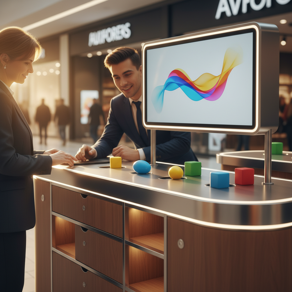 Fonksiyonel ve kullanıcı dostu bir AVM kioskunda müşteri etkileşimini gösteren yakın plan, sinematik bir çekim. Bir müşteri, kioskun zarif tasarlanmış tezgahında sergilenen ürünlere (ürünler detaysız, sadece şekil ve renk olarak belirgin) dokunurken, profesyonel görünümlü bir personel (yüzü belirgin olmadan) güler yüzle yardımcı oluyor. Kiosk, entegre, minimal bir dijital ekran (metinsiz, soyut animasyonlu) ve estetik depolama çözümleri ile dikkat çekiyor. Gün batımının altın rengi tonları, kioskun yüzeylerine ve ürünlere yansıyarak sıcak, davetkar ve premium bir atmosfer yaratıyor. Odak, müşteri ve kiosk arasındaki etkileşimde, arka plan yumuşak bir bokeh etkisiyle bulanıklaştırılmış. Ayrıntılı aydınlatma vurguları.