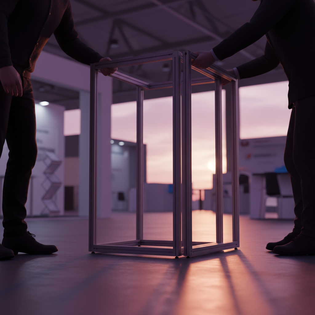 Gün batımının dramatik mor ve turuncu tonlarıyla aydınlatılmış, büyük bir fuar salonunun içinde, minimalist ve işlevsel bir taşınabilir fuar standının kolay montaj anı. Odak, standın hafif ve modüler parçalarını zahmetsizce birleştiren, kıyafeti profesyonel ama yüzleri görünmeyen iki kişinin ellerinde. Arka planda, fuar alanının diğer kısımları yumuşak bir odak dışılıkla bulanıklaşmış, sahne tamamen standın kurulum kolaylığına ve hızlı adaptasyonuna odaklanmış. Yere vuran güneş ışınları, standın yüzeylerinde parlayarak pratikliğini ve maliyet etkinliğini vurgulayan sinematik bir etki yaratıyor. Hiçbir metin, logo, sayı veya şirket bilgisi içermiyor.