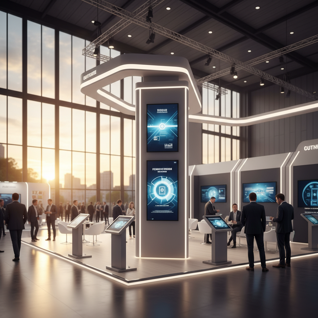 Geniş, modern ve şık bir kongre fuar alanı, geniş pencerelerden içeri süzülen altın rengi, sinematik gün batımı ışığıyla aydınlanmış. Merkezi konumda, dikkat çekici mimariye sahip, ileri teknoloji dijital ekranlarla donatılmış, temiz hatlara sahip, estetik bir kongre standı yer alıyor. Standın içinde profesyonel giyimli ziyaretçiler şık dokunmatik ekranlarla etkileşim halinde veya belirlenmiş sohbet alanlarında nazikçe iletişim kurarken görülüyor. Arka planda hareketli, ancak bulanık bir fuar kalabalığı, genel atmosferin profesyonel ve davetkar olduğunu gösteriyor. Işıklandırma, standın modernliğini ve etkileşimli özelliklerini vurgulayarak sıcak ve sofistike bir ambiyans yaratıyor.