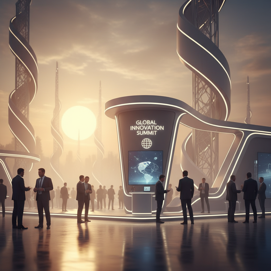 Uluslararası bir fuar alanında, gün batımının altın renkleriyle aydınlanmış, futuristik ve zarif bir tasarıma sahip, ışık saçan, yüksek teknolojili bir fuar standı. Standın etrafında, çeşitli milletlerden iş profesyonellerinin siluetleri, derinlik ve küresel bağlantı hissi veriyor. Hava yansımalı, hafif sisli, sinematik bir atmosferde, standın modern mimarisi gökyüzüne doğru yükseliyor, markanın küresel erişimini simgeliyor.