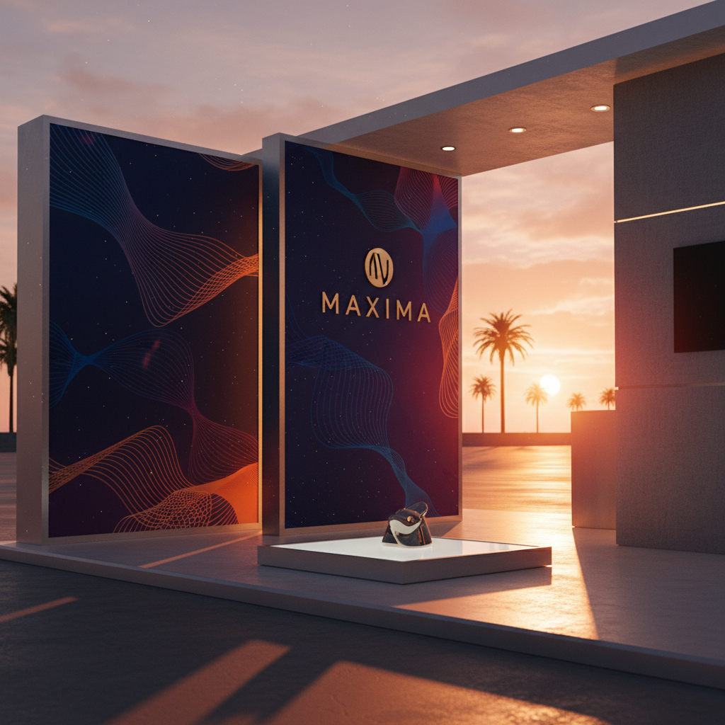 A captivating cinematic close-up of a maxima exhibition stand's vibrant display area under a dramatic sunset sky, casting long, soft shadows. High-resolution graphics showcasing abstract corporate patterns and a subtle, elegant brand logo are prominently featured on large panels. A perfectly lit, minimalistic product pedestal is subtly visible, catching the light. The scene emphasizes visual attractiveness and a strong brand presence, with a premium, aspirational feel. The warm, diffused lighting highlights the texture and quality of the materials, creating an inviting visual.