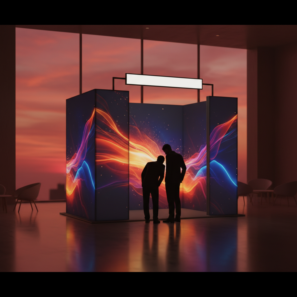 Gün batımının kızıl tonlarının dışarıdan içeri süzüldüğü, büyük bir pencereden yansıdığı, loş ama sıcak bir salonda, içten aydınlatmalı, çarpıcı bir modüler fuar standının yakın çekimi. Standın yüksek çözünürlüklü gergi kumaş grafikleri, soyut ve profesyonel bir marka kimliğini yansıtıyor, canlı renklerle parlıyor. Standın üzerinde entegre bir dijital ekranın (içeriksiz, sadece ışık yayan bir panel olarak) veya aydınlatılmış bir rafın (içeriksiz) önüne eğilmiş, silüetler halinde iki ziyaretçi figürü, standın etkileşim potansiyelini vurguluyor. Detaylı, sinematik kompozisyon, vurgulu ışıklandırma, marka gücünü yansıtan estetik ve resmi bir hava.