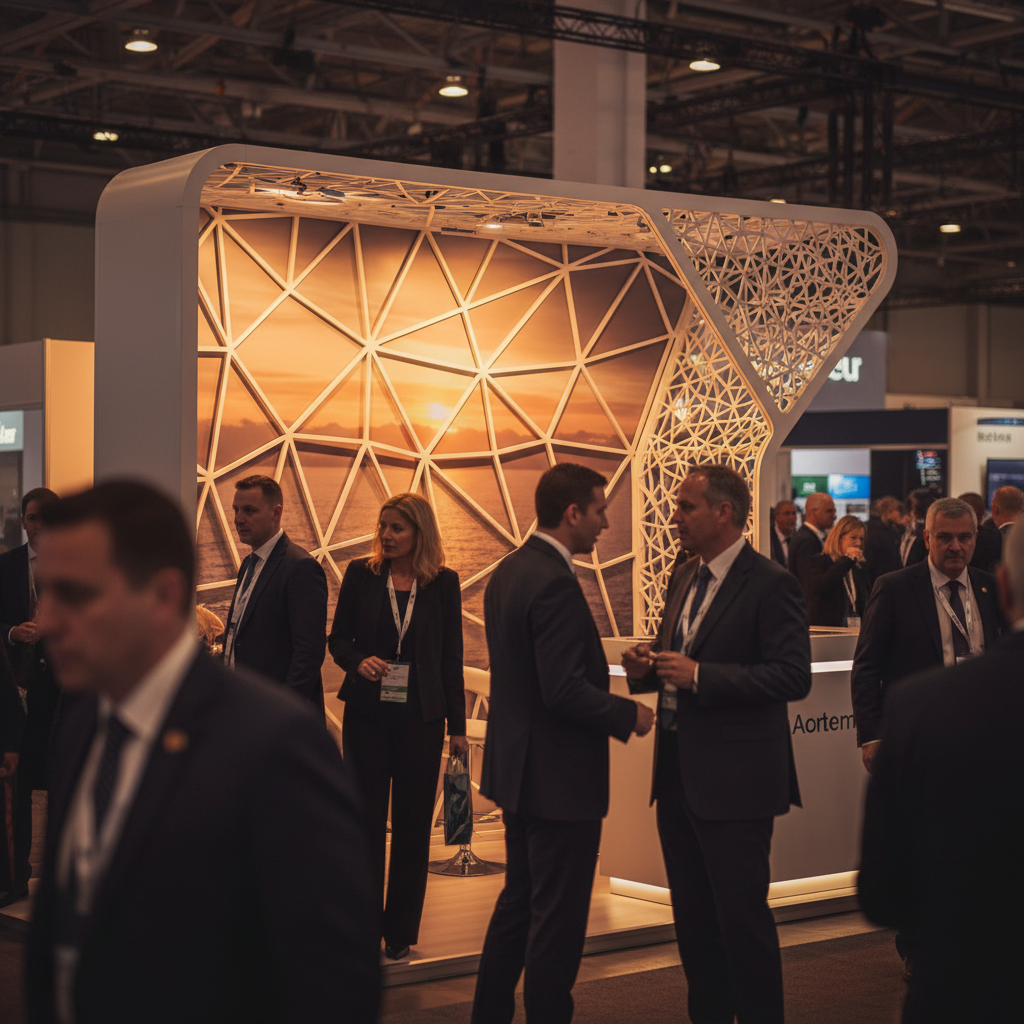 Yüksek profilli bir kurumsal etkinlik veya ticaret fuarında, gün batımının zengin ve sinematik renkleri ile aydınlanmış, dikkat çekici ve modern bir sergi standı (örümcek veya modüler bir tasarım). Stand, herhangi bir metin veya logo içermeyen, göz alıcı, soyut bir desen sergiliyor ve etrafındaki kalabalık içindeki şık giyimli ziyaretçilerin dikkatini çekiyor. Işık, standın temiz hatlarını ve yüksek kaliteli yüzeyini vurgulayarak büyüleyici bir odak noktası oluşturuyor. Kalabalık, standın dinamik bir ortamda öne çıkma ve etkileşim çekme yeteneğini vurgulayacak şekilde yumuşak odakta ve yüzleri kısmen belirsiz bırakılmış. Genel izlenim, başarılı marka görünürlüğü ve etkili iletişimdir.