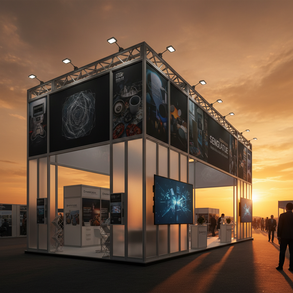 Büyük bir fuar salonunda yer alan, modern ve şık tasarıma sahip modüler bir sergi standı. Stand, minimalist alüminyum profiller ve yarı saydam panellerle inşa edilmiş, içten aydınlatmalı bölümler ve temiz, açık bir teşhir alanı içeriyor. Tasarım, markanın esnekliğini ve uyarlanabilirliğini vurguluyor. Arkada geniş pencerelerden içeri süzülen, sinematik gün batımı ışığı, sıcak, altın tonlarında parlayarak standın mimari zarafetini ve uzun gölgelerini belirginleştiriyor. Genel atmosfer sofistike ve yenilikçi bir duruş sergiliyor.