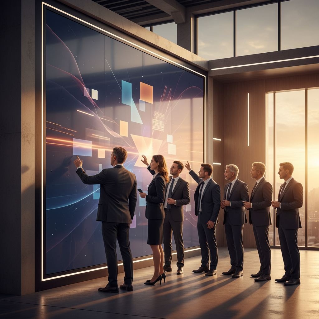 Bir grup profesyonel (iş kıyafeti, çeşitli yaşlar) büyük, zeminden tavana uzanan, dikişsiz bir interaktif dijital duvarın veya projeksiyonun etrafında toplanmış, markanın hikayesini anlatan dinamik, soyut görselleri (metinsiz, logosuz) inceliyor. Ziyaretçiler parmaklarıyla ekranda işaretlemeler yapıyor, aralarında tartışıyor ve ilgili ifadelerle gözlem yapıyorlar. Standın mimarisi özgün, temiz çizgili ve lüks malzemelerden yapılmış. Sinematik gün batımı parıltısı alanı sarmış, parlatılmış yüzeylerden yansıyarak sıcak, davetkar bir ortam oluşturarak odak noktası işbirliğine dayalı keşif ve ortak deneyim yaratıyor. Formal ve ilgi çekici bir stile sahip.