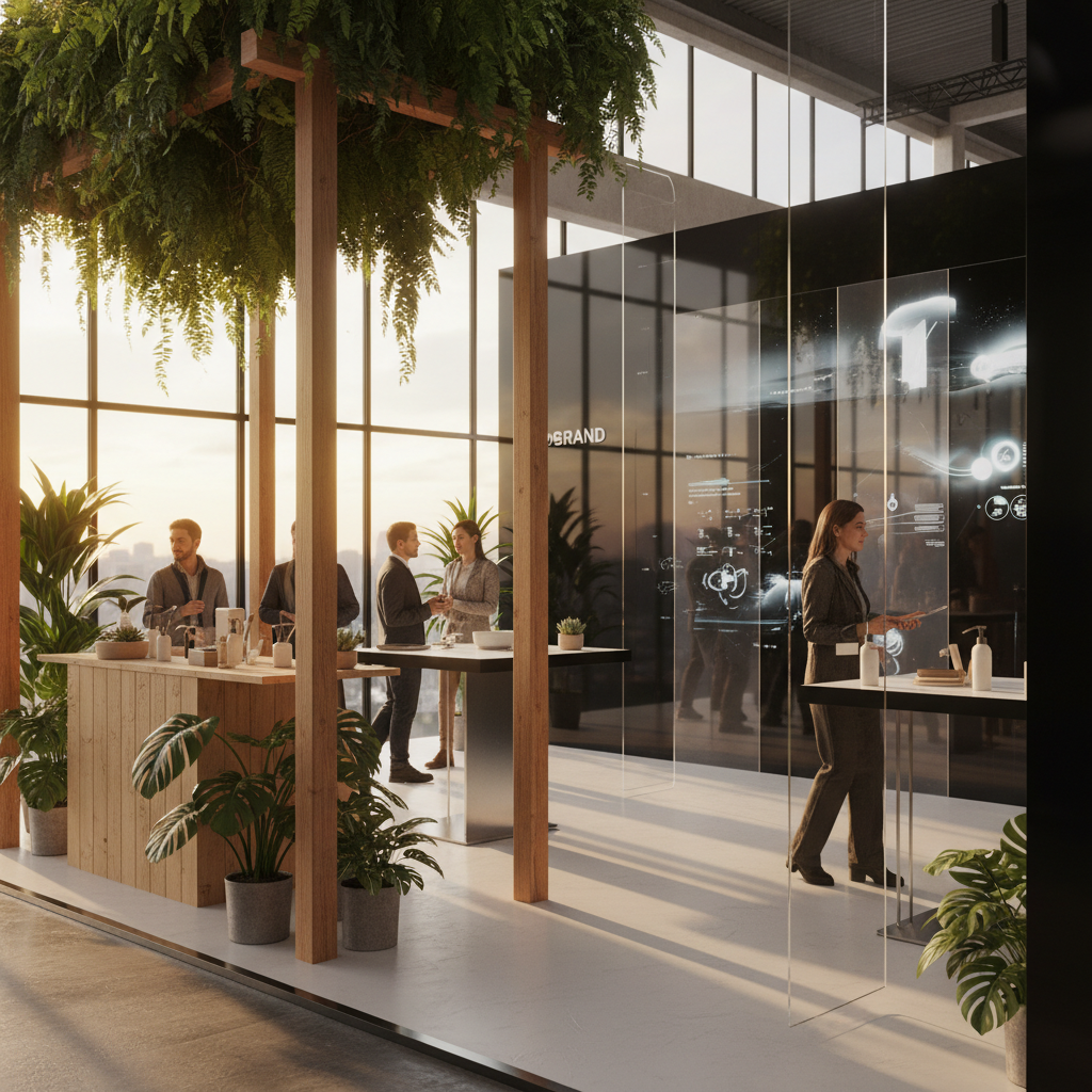 Markanın özgün kimliğini yansıtan, interaktif ve deneyim odaklı bir fuar standının iç görünümü. Standın iç kısmında, ziyaretçilerin markanın ürünleri veya hizmetleriyle deneyimsel olarak etkileşime geçebileceği modern bir düzenleme. Örneğin, sürdürülebilir bir markayı temsil eden doğal ahşap dokular ve canlı bitkiler ya da teknoloji odaklı bir markayı yansıtan minimalist, parlak yüzeyler ve interaktif ekranlar. Ziyaretçiler ve stand görevlileri arasında samimi ve bilgilendirici sohbetler yaşanıyor. Gün batımının pencereden süzülen uzun gölgeleri ve yumuşak altın tonları, standın iç mekanına sinematik bir sıcaklık ve derinlik katıyor. Kamera, etkileşimi ve detayları vurguluyor.