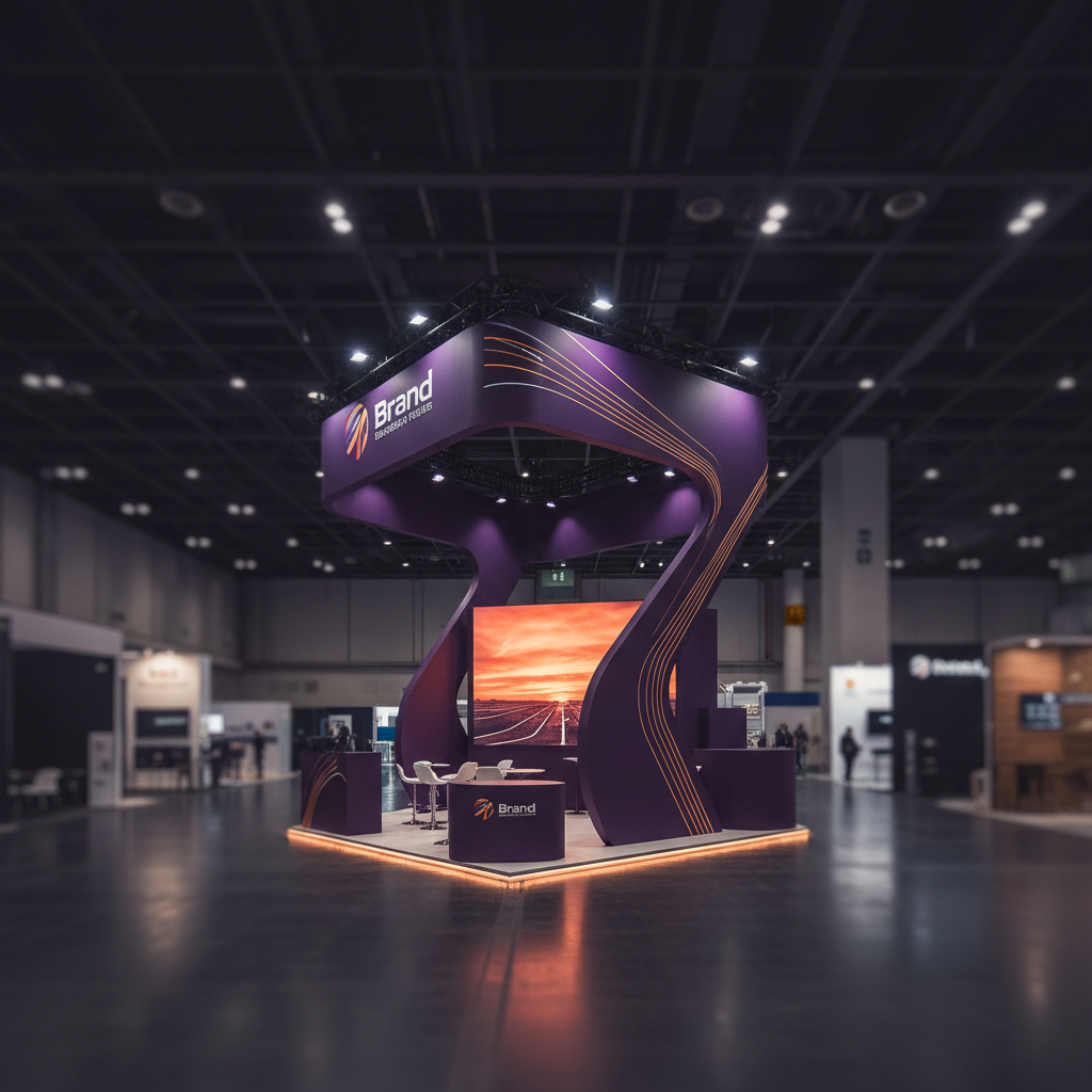 Geniş bir fuar salonunun ortasında, gün batımının mor ve turuncu tonlarıyla aydınlanmış, benzersiz ve ikonik bir fuar standı. Stand, markanın özünü yansıtan cesur, heykelsi formlara ve dinamik hatlara sahip. Geleneksel fuar standlarından farklılaşan, akılda kalıcı bir tasarıma odaklanılmış. Arka plandaki diğer standlar yumuşak bir şekilde bulanıklaşırken, bu stand çarpıcı görünümüyle dikkat çekiyor. Işıklar, standın derinliklerini ve siluetini vurgulayarak gizemli ve prestijli bir hava katıyor. Markanın kimliğini fiziksel olarak ifade eden, güçlü bir görsel etki bırakan, sinematik bir uzun çekim.