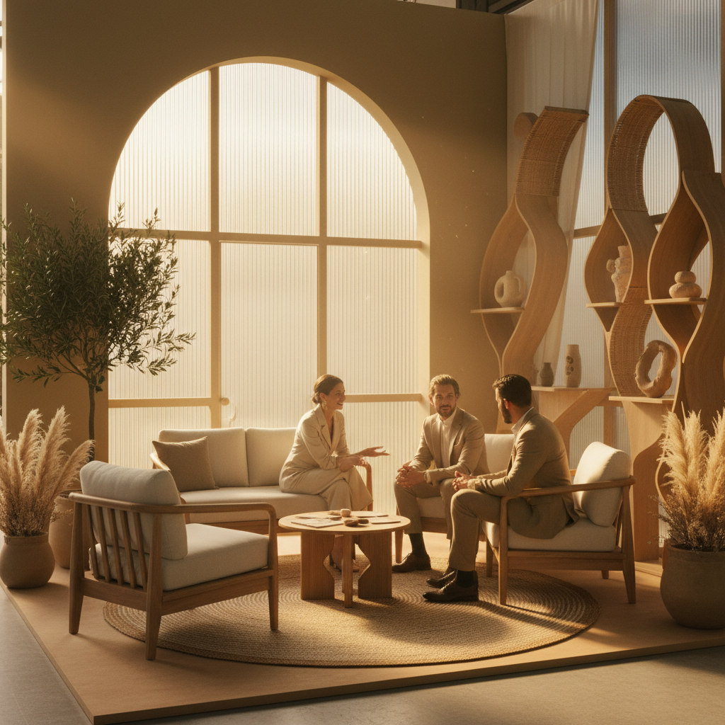 A beautifully composed, cinematic shot showcasing a unique brand storytelling area designed as a welcoming lounge within an exhibition booth. The space features designer furniture crafted from natural textures like light wood and soft linen, alongside custom-built display elements that subtly evoke a strong brand identity through their unique form and thoughtful material choices, rather than explicit branding. Warm, golden hour sunset light streams gracefully through an architectural opening or large window within the booth structure, highlighting the rich textures and creating a serene, inviting glow. A few elegantly dressed individuals are seen in relaxed, genuine conversation, subtly interacting with the comfortable atmosphere and each other, conveying a sense of connection and thoughtful engagement. The overall mood is sophisticated, comfortable, and reflects a distinct, high-quality brand personality without any visible text or logos.