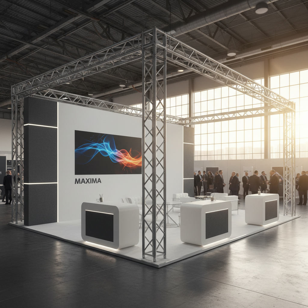 A highly detailed cinematic shot of a sleek, modern maxima exhibition stand bathed in the warm, golden light of a setting sun. The stand features elegant aluminum profile systems forming a modular structure, with crisp, clean white and gray panels. Integrated, subtle LED lighting illuminates key areas, highlighting its contemporary design. The overall atmosphere is sophisticated and professional, capturing the stand's flexibility and impressive appearance within a vast, airy exhibition hall. The background shows blurred silhouettes of a few professional attendees, adding a sense of active engagement.