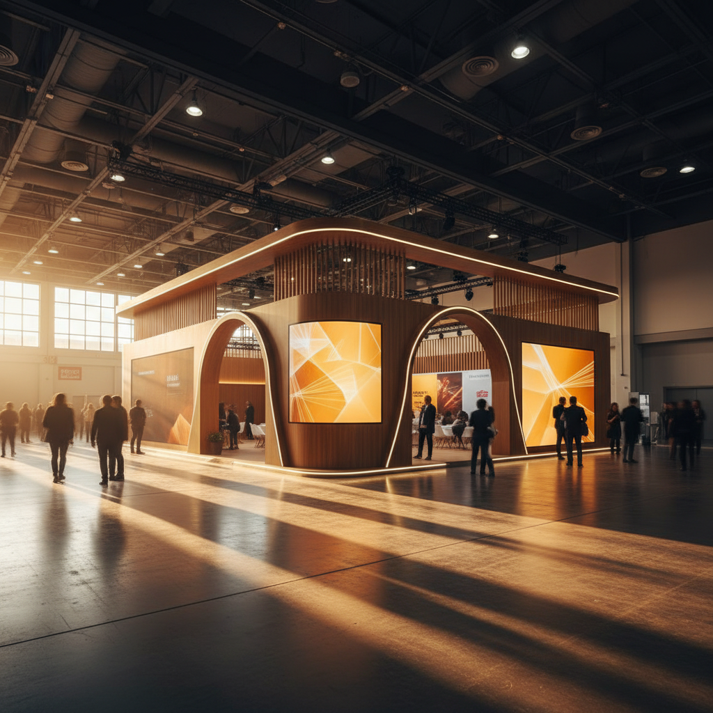 Modern ve şık bir fuar standı, geniş bir fuar salonunda, altın saat gün batımı ışıklarının içeri süzüldüğü, uzun gölgeler oluşturan, sinematik bir açıyla çekilmiş. Standın mimarisi dikkat çekici ve etkileşim odaklı, zarif çizgilerle tasarlanmış. Standın etrafında hareketli ama flulaşmış ziyaretçi siluetleri var, genel atmosfer profesyonel ve davetkar. Renk paleti sıcak tonlarda, fuar alanının genişliğini ve standın odak noktasını vurguluyor.