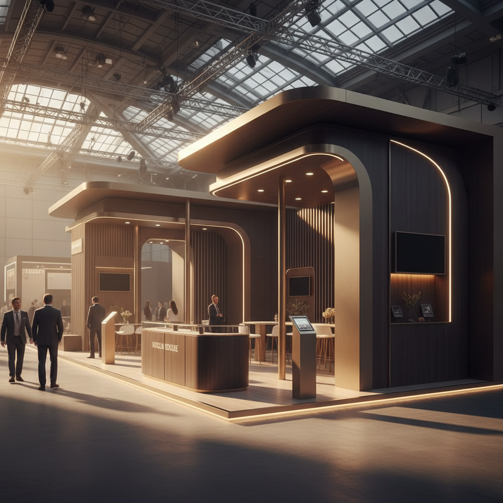 Geniş, modern ve şık bir fuar salonunda, altın saat ışığıyla yıkanmış, dramatik ve sinematik bir fuar standı. Stand, zarif hatlara, entegre gizli aydınlatmalara ve cilalı ahşap ile fırçalanmış metal gibi premium malzemelere sahip. Uzaktan standa hayranlıkla bakan siluet halindeki, hareketli ziyaretçiler, sofistike ve profesyonel bir atmosfer yaratıyor. Odak noktası, belirgin bir marka veya metin olmaksızın standın mimari zarafeti ve güçlü marka varlığı.