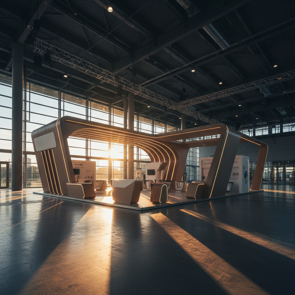 Geniş ve modern bir kongre merkezinde, batan güneşin sıcak ve altın rengi ışıklarıyla yıkanmış, çarpıcı mimari detaylara sahip, geleceğe dönük tasarımlı, şık bir fuar standı. Stand, cilalı ahşap ve fırçalanmış metalin zarif bir birleşimini sergiliyor, temiz hatlar ve akıcı formlarla profesyonel bir atmosfer yaratıyor. Standın üzerinde hiçbir yazı veya logo bulunmuyor, ancak tasarımı markanın yenilikçi ruhunu yansıtıyor. Uzun gölgeler ve sıcak ışıklandırma, mekana dramatik ve davetkar bir his katıyor. Sinematik geniş açı çekim, standın etkileyici duruşunu vurguluyor.