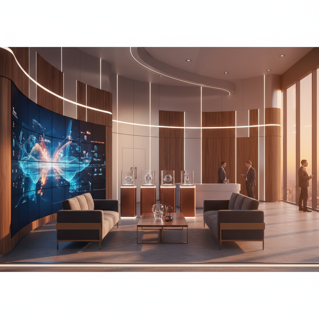 A detailed, cinematic view inside a high-end, custom-built exhibition stand. The interior is designed with a focus on modern aesthetics, featuring interactive digital displays, comfortable, designer seating arrangements, and subtly illuminated product display pedestals. Warm, directional lighting, reminiscent of a sunset glow, creates an inviting and professional ambiance. The materials used are premium, such as polished wood, brushed metal, and integrated soft lighting panels. The scene suggests an engaging environment for business discussions, without showing any specific faces or branding.