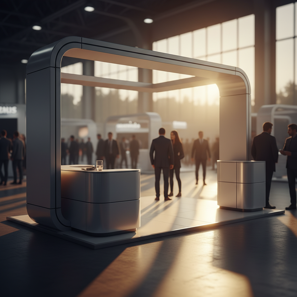 Geniş bir fuar veya sergi salonunun içinde, gün batımının sıcak, altın rengi ışıklarının vurduğu, modern ve şık tasarımlı bir taşınabilir fuar standı. Stand, aerodinamik hatlara ve pürüzsüz yüzeylere sahip, modüler yapısı belirgin. Arka planda, hafifçe bulanıklaşmış, dinamik insan siluetleri kalabalığı, standın esnekliğini ve farklı etkinliklere kolayca uyum sağlayabilmesini vurguluyor. Güneşin batışıyla oluşan uzun gölgeler ve zengin renk geçişleri, sahneye sinematik ve davetkar bir hava katıyor. Hiçbir yazı, logo, sayı veya şirket bilgisi içermiyor.