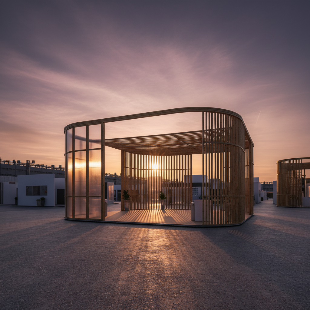 Yüksek teknolojili ve modüler bir fuar standı, sinematik gün batımının son ışıklarıyla aydınlanmış bir fuar salonunda konumlanmış. Standın yapısı geri dönüştürülebilir alüminyum çerçevelerden ve organik kumaş panellerden oluşuyor. Enerji verimli LED şeritler, standın ana hatlarını vurgulayarak interaktif dijital ekranları aydınlatıyor. Bu ekranlar, çevresel ayak izini azaltan çözümleri sembolize eden dinamik soyut grafikler gösteriyor. Genel ambiyans, yenilikçiliği, sorumluluğu ve güçlü bir marka duruşunu ifade ediyor, herhangi bir metin veya ticari logo içermiyor.