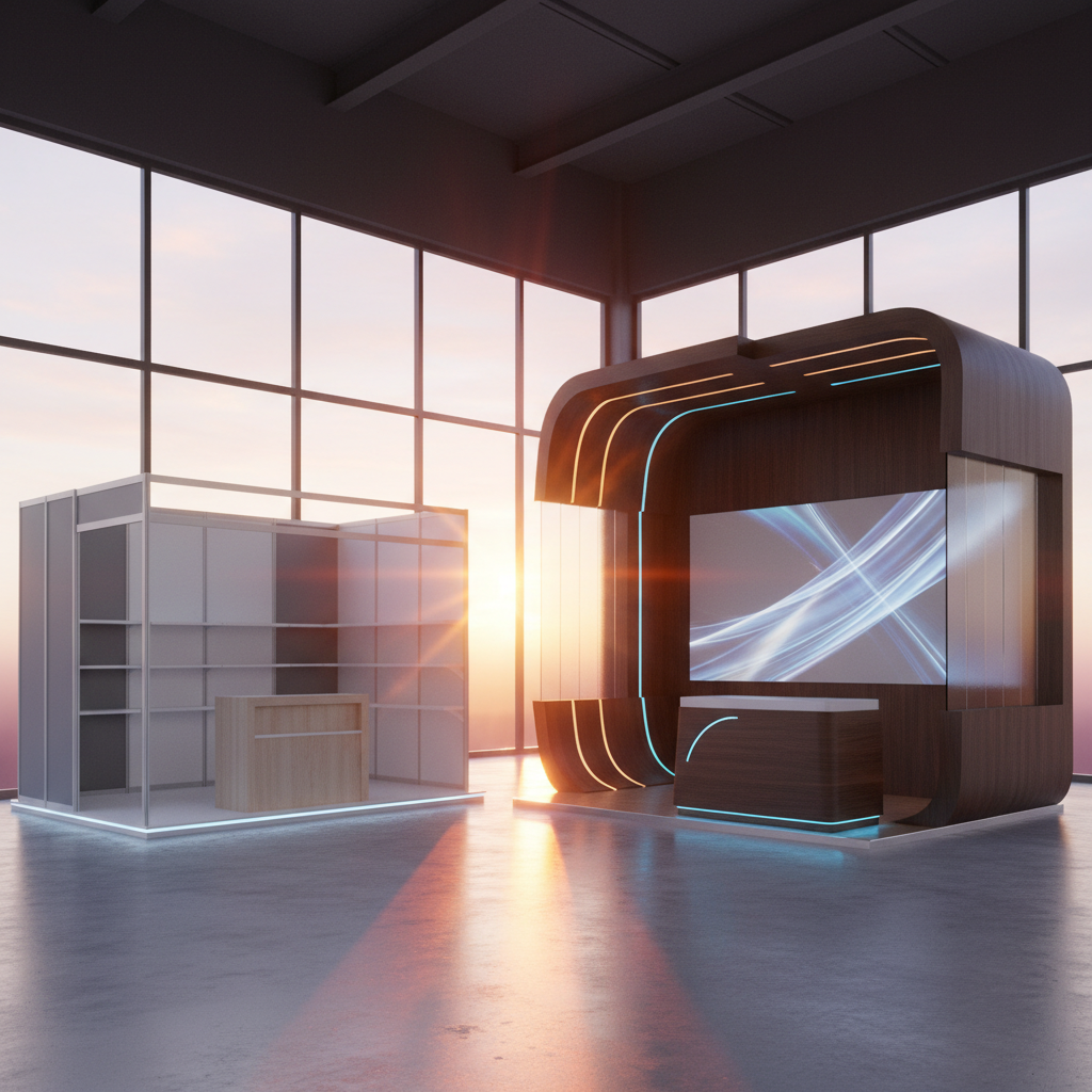 Fuar salonu içinde, gün batımı ışıklarının yansıdığı sinematik bir kompozisyon. Bir yanda, temiz çizgileri ve minimal tasarımıyla dikkat çeken, uygun maliyetli izlenimi veren standart bir modüler stand yer alıyor. Diğer yanda ise, benzersiz mimarisi, yüksek kaliteli malzemeleri ve özel aydınlatma detaylarıyla göz kamaştıran, markaya özel tasarlanmış bir stand dramatik bir şekilde konumlandırılmış. İki stand arasındaki kontrast, tasarım ve maliyet farklılıklarını vurgularken, gün batımının sıcak tonları profesyonel ve estetik bir atmosfer katıyor. Görselde yazı, rakam, ücret veya marka logosu bulunmuyor.