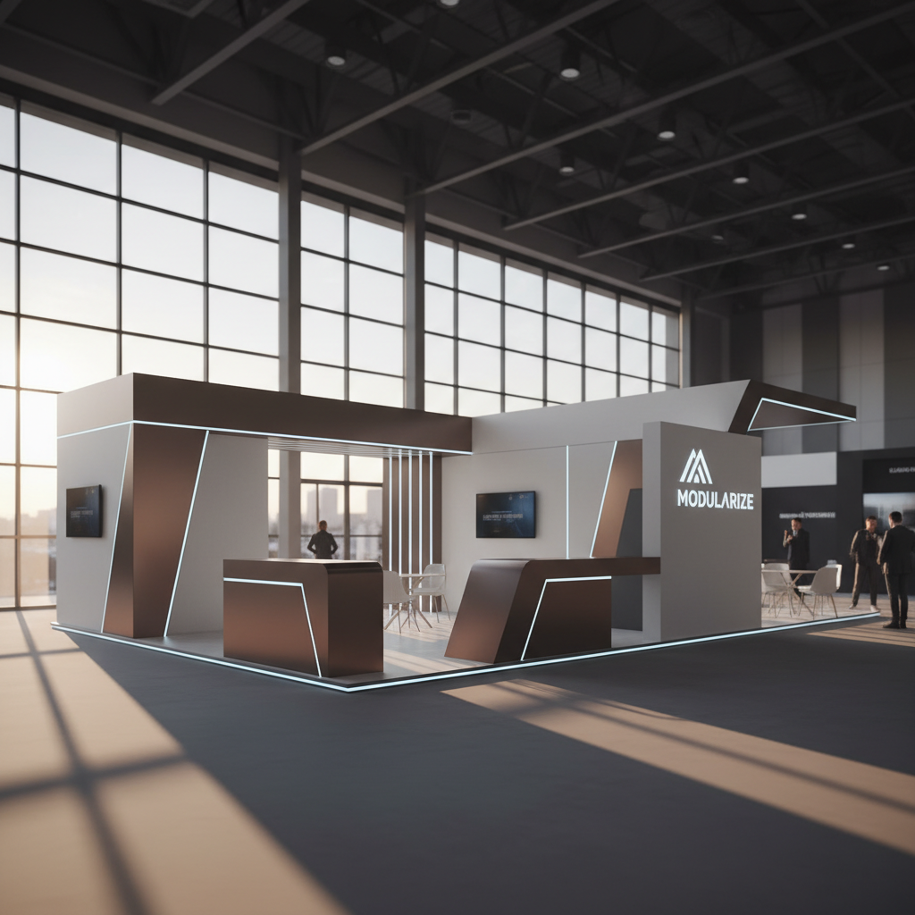 Büyük, ferah bir fuar salonunda konumlanmış, çağdaş ve şık bir modüler fuar standı. Altın rengi gün batımı ışıkları, geniş cam pencerelerden içeri süzülerek standın cilalı yüzeylerine ve geometrik hatlarına dramatik gölgeler düşürüyor. Stand, farklı bölümlerden oluştuğu izlenimi veriyor, akıllıca tasarlanmış LED aydınlatmalarla vurgulanmış, pürüzsüz yüzeylere sahip. Uzakta hafifçe bulanıklaşan modern mimari detaylar ve bir kaç siluet, etkinliğin büyüklüğünü ve standın profesyonel duruşunu pekiştiriyor. Sinematik geniş açı çekim, standın esnek ve yenilikçi yapısını vurguluyor.