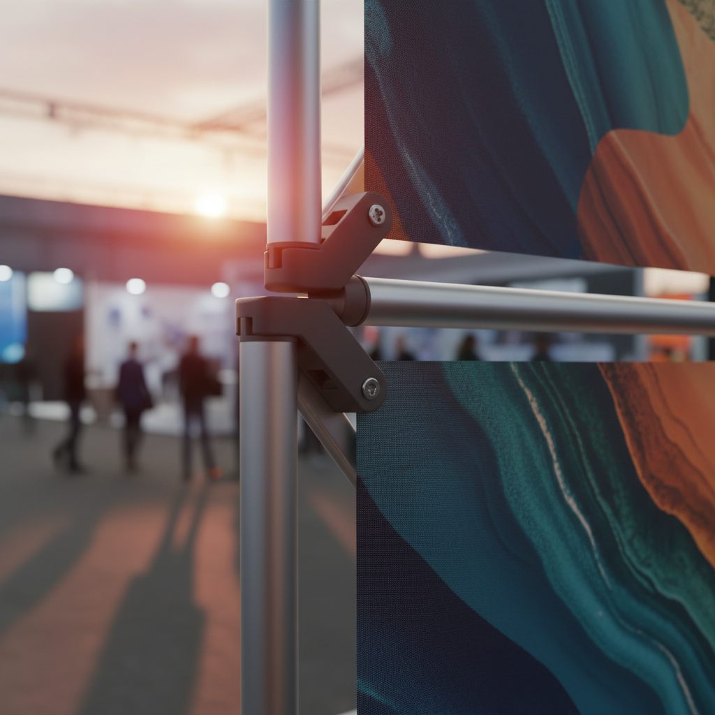 An artistic, close-up shot emphasizing the durable and modular components of an economical exhibition stand. The focus is on a sleek, matte-finish aluminum frame structure, partially joined with a high-quality, taut fabric graphic panel displaying elegant, abstract visual elements (no text). The textures of the robust materials are sharply defined, suggesting longevity and reusability. The backdrop is a subtly blurred, expansive exhibition hall. A dramatic, cinematic sunset glow bathes the scene, creating striking contrasts and warm highlights on the materials, symbolizing a wise, long-term business investment and sustainable practices. The mood is sophisticated and forward-thinking.
