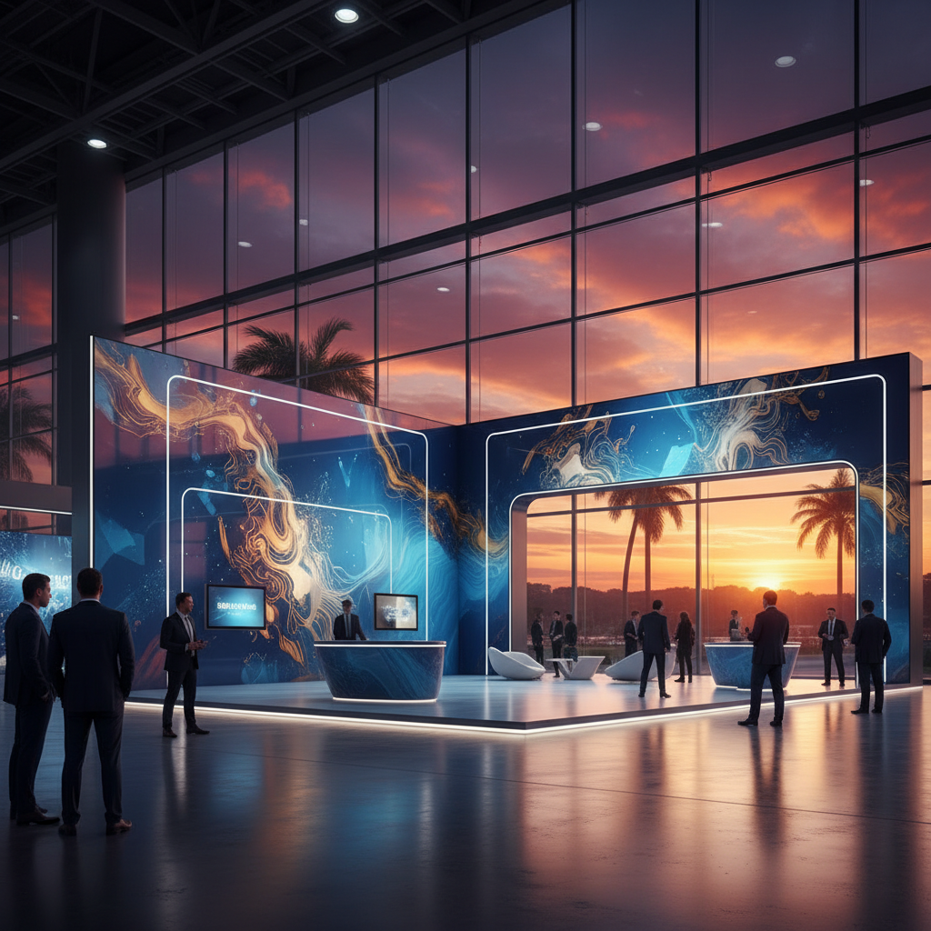 Modern, şık ve modüler bir fuar standı, hareketli bir kongre merkezinin içinde, sıcak, sinematik gün batımı ışığıyla aydınlatılmış. Standın temiz alüminyum profilleri, özelleştirilebilir parlak grafik panelleri (metinsiz, soyut desenlerle), profesyonel ziyaretçilerin standa doğru ilerlediği, arka planda hafif odak dışı hareketlilik. Uzun gölgeler ve altın tonları, standın yapısını ve modern estetiğini vurguluyor. Görselde teknolojik yenilikler zarifçe ima edilmiş, ancak belirli cihazlar gösterilmiyor. Ortam, prestijli ve davetkar bir atmosfer sunuyor.