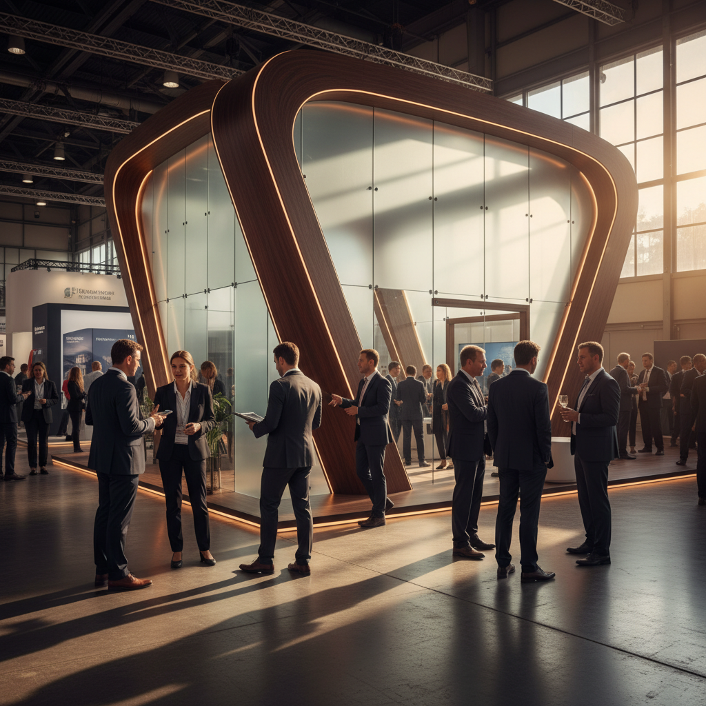 Bustling trade show hall, a grand and architecturally innovative exhibition booth takes center stage in a wide, cinematic shot. The booth design features elegant, flowing lines, seamlessly integrated soft LED lighting in warm, inviting tones, and unique material combinations such as polished dark wood and frosted glass. The entire scene is bathed in the rich, diffused golden light of a late afternoon sunset, casting long, dramatic shadows and creating a sophisticated, inviting atmosphere. A diverse crowd of impeccably dressed attendees is subtly drawn towards the distinctive booth, some engaged in lively conversations, others observing the design with interest. The primary focus is on the booth's striking, unique structure and its magnetic presence, conveying a powerful sense of innovation and premium brand identity without any visible logos, text, or explicit branding.