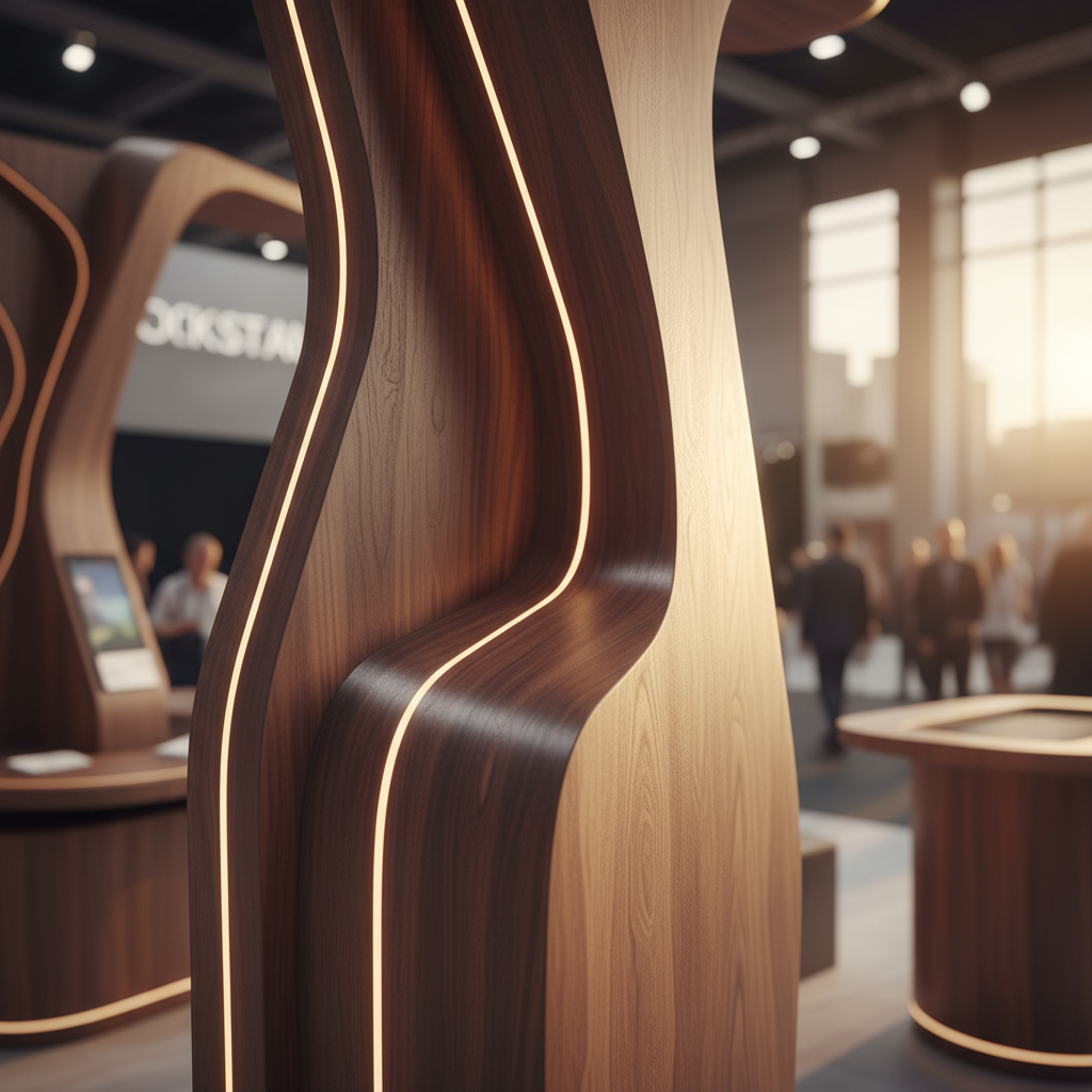 Yüksek kaliteli, zengin ahşap dokularla işlenmiş zarif, kişiye özel bir fuar standının yakın çekim, sinematik görüntüsü. Standın tasarımı, soyut, akışkan çizgiler ve ince, entegre aydınlatmalarla sofistike bir yaratıcılık hissi veriyor. Titizlikle detaylandırılmış bir bölüme, belki de benzersiz bir köşeye veya özenle tasarlanmış interaktif bir panele odaklanılmış, el işçiliğini ve detaylara verilen önemi sergiliyor. Arka plan yumuşak bir şekilde bulanıklaştırılmış, yoğun ama rafine bir ortamı düşündürüyor. Gün batımının yumuşak, sanatsal parıltısı sahneyi aydınlatıyor, gölgeleri ve vurguları dramatik, sanat galerisi benzeri bir his veriyor.
