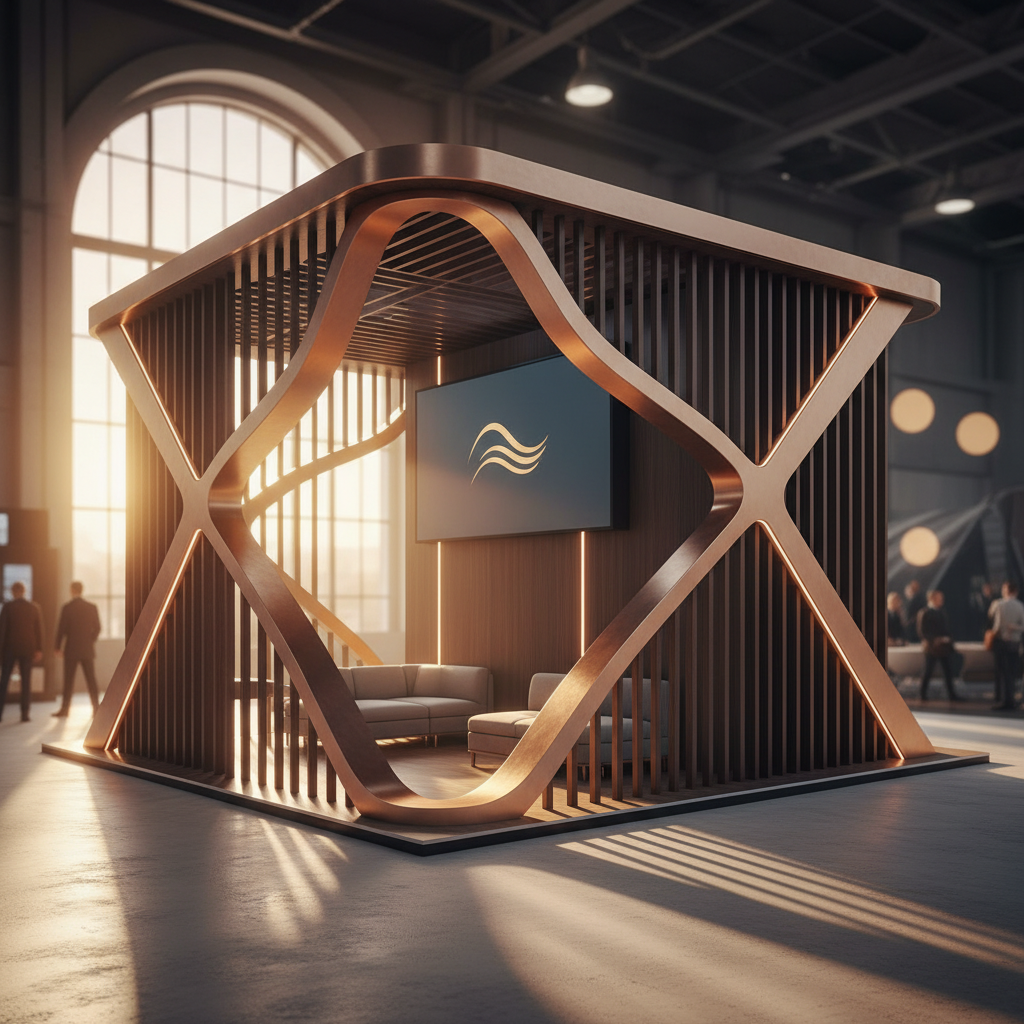 A breathtaking, uniquely designed exhibition stand, bathed in the warm, golden light of a cinematic sunset. The stand features sleek, minimalist architecture with a striking, innovative form, incorporating a mix of polished wood and brushed metal. Its structure creates intriguing shadows and highlights against the setting sun. The surrounding exhibition hall is softly blurred, focusing attention on the stand's distinctive silhouette. The overall atmosphere is sophisticated, professional, and memorable, capturing the essence of brand elevation.