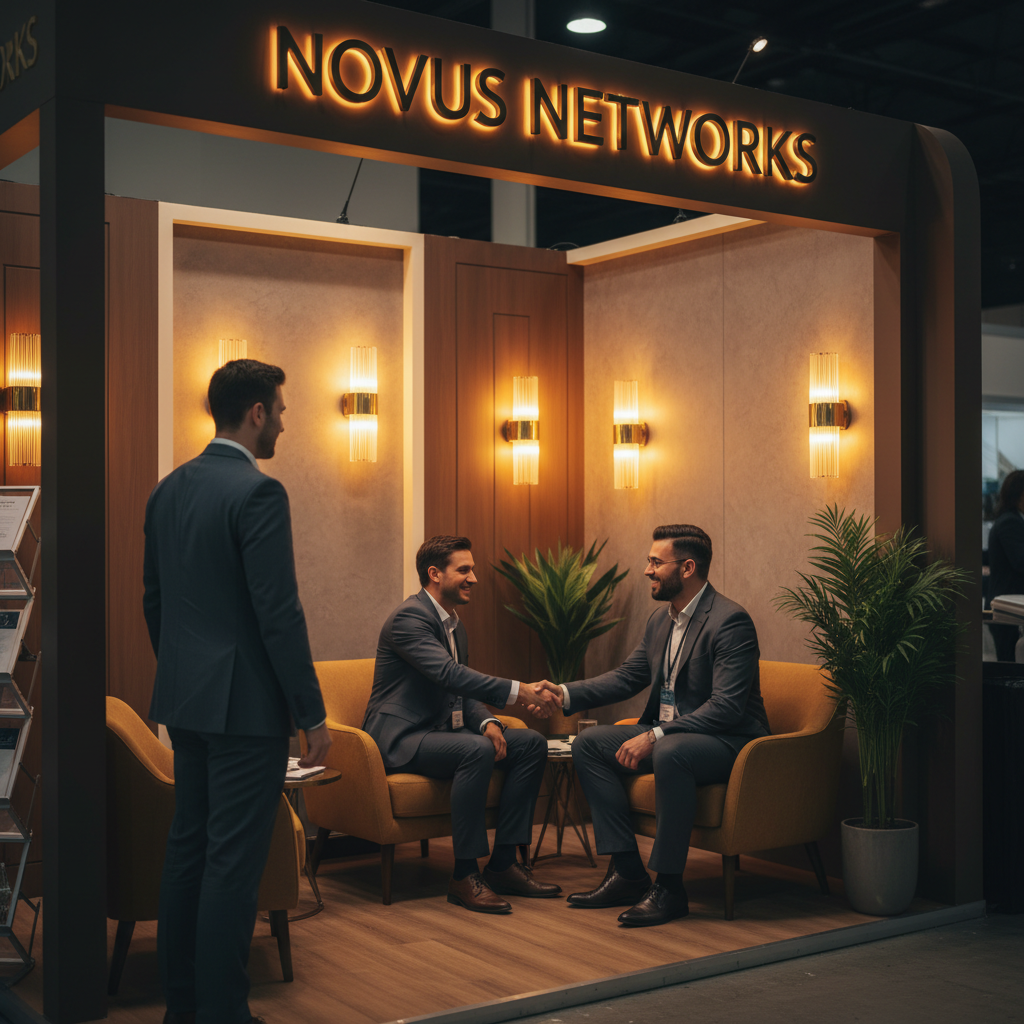 Sıcak ve davetkar bir şekilde aydınlatılmış, profesyonel ağ kurma etkinlikleri için tasarlanmış bir kongre standı. Standın konforlu bir salon alanında, iş kıyafetleri içindeki iki profesyonel, odaklanmış ve gülümseyerek bir sohbet içindedir. Arka planda, dokulu duvarlar ve gün batımını anımsatan altın tonlarında yumuşak, entegre aydınlatma armatürleri gibi zarif tasarım unsurları sergilenmektedir. Ön planda, başka bir kişi bir ziyaretçiyle el sıkışırken görülür, başarılı bir etkileşimi simgeler. Sahne, bağlantıyı ve sofistike ortamı vurgulayan sinematik bir geniş açılı lensle yakalanmıştır. Genel atmosfer, yumuşak, yönlü ışıkla samimiyet ve önem duygusu yaratılarak, başarılı işbirliği ve profesyonelliği yansıtır.