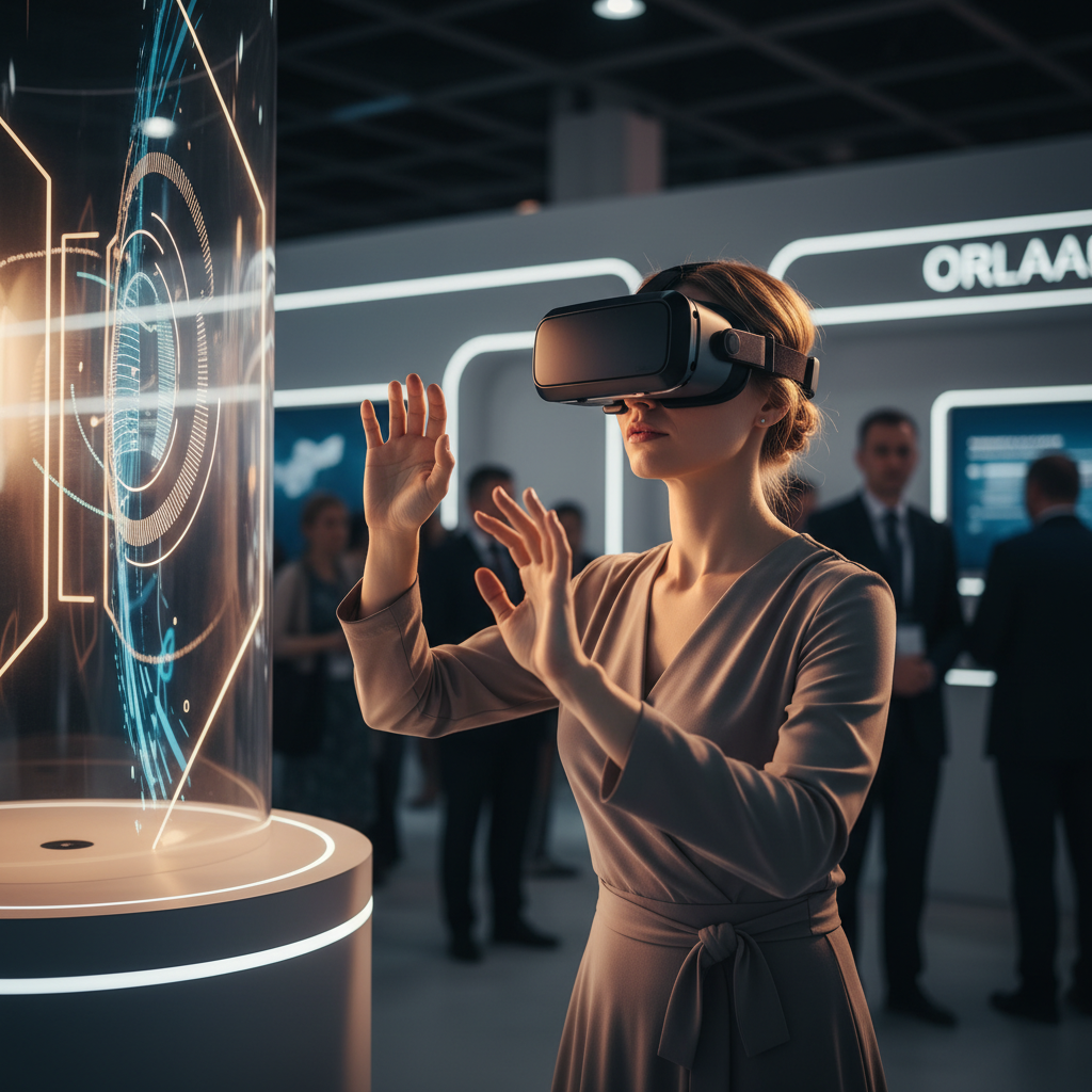 Yakın-orta çekim, son teknolojiye sahip minimalist bir fuar standında, şık ve sade kıyafetli bir kişi (cinsiyet ve yaş genelleştirilmiş) VR gözlüğü takmış, elleri havada zarifçe hareket ettirerek sanal gerçeklik içeriğiyle derinlemesine etkileşim kuruyor. Standın çevresinde soyut, parlayan ışık desenleri var. Sahneye yandan vuran sinematik bir gün batımı ışığı, kişinin yüzünü ve hareketlerini vurguluyor, odaklanmış bir keşif ve hayranlık hissi yaratıyor. Arka planda diğer ziyaretçiler bulanık bir şekilde seçiliyor. Görüntü fütüristik, zarif ve teknoloji odaklı. Formal ve ilgi çekici bir stile sahip.